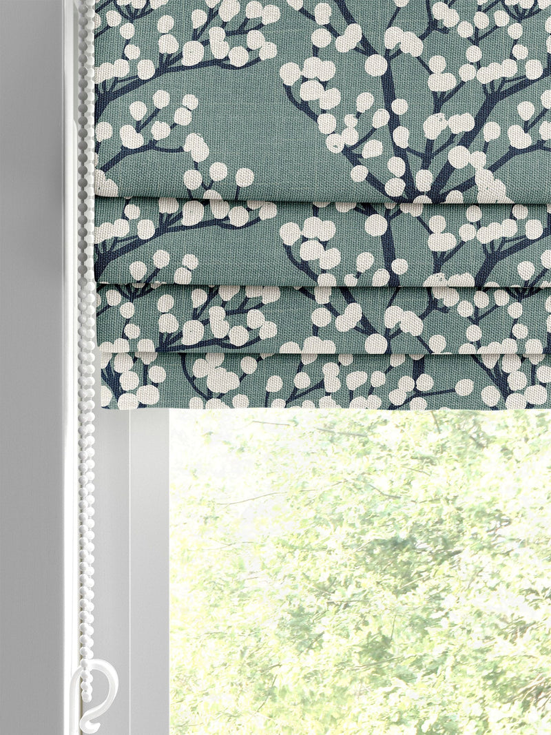 Blue Grove teal roman blind with white blossoms - British product