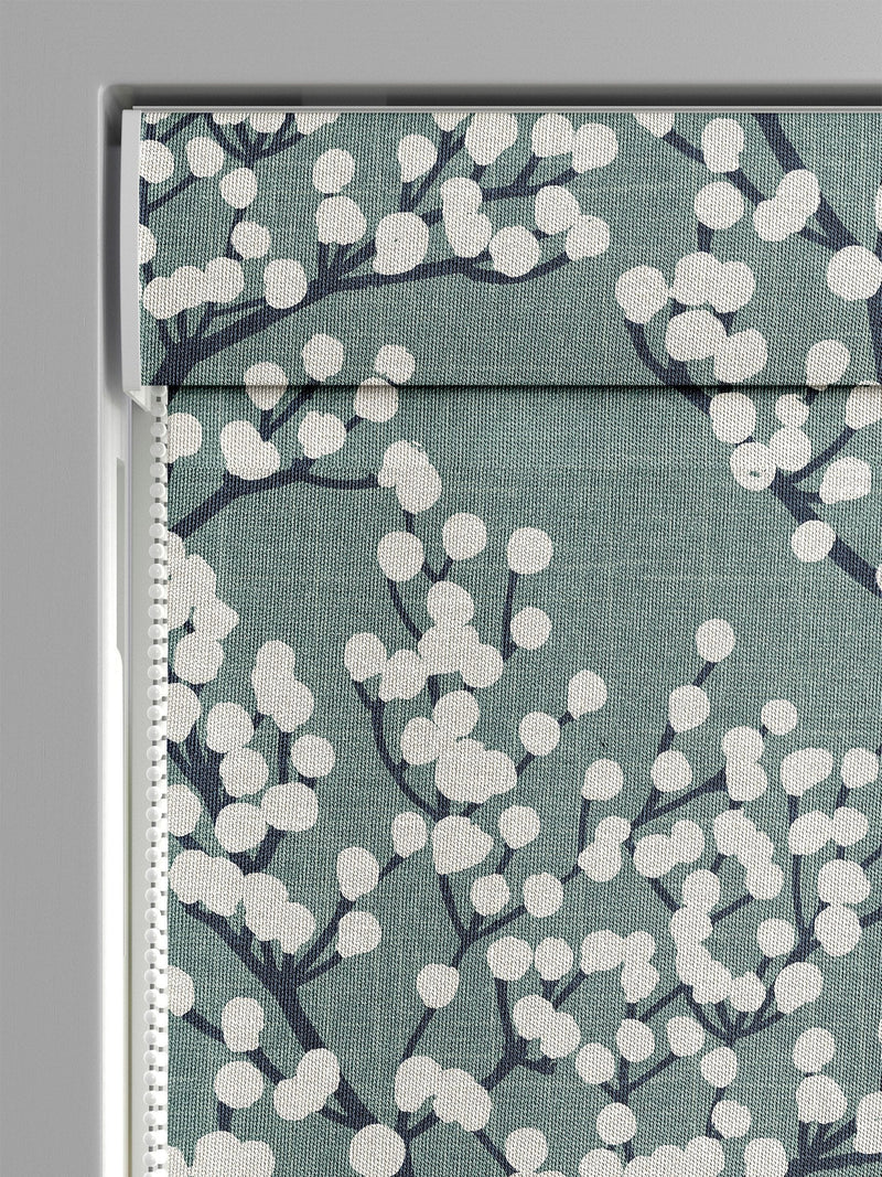 Blue Grove teal roman blind with white blossoms - British product
