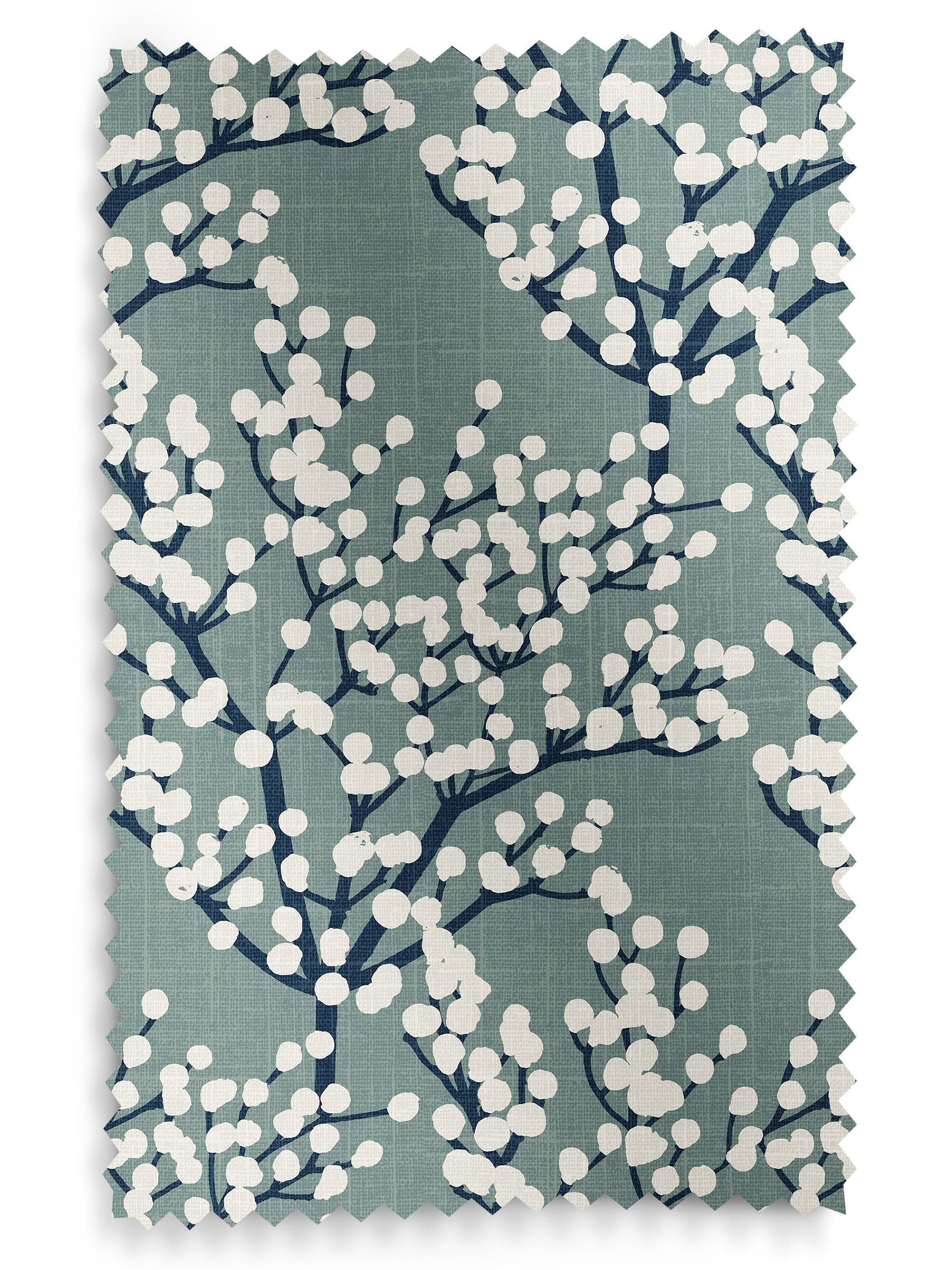 Blue Grove teal roman blind with white blossoms - British product