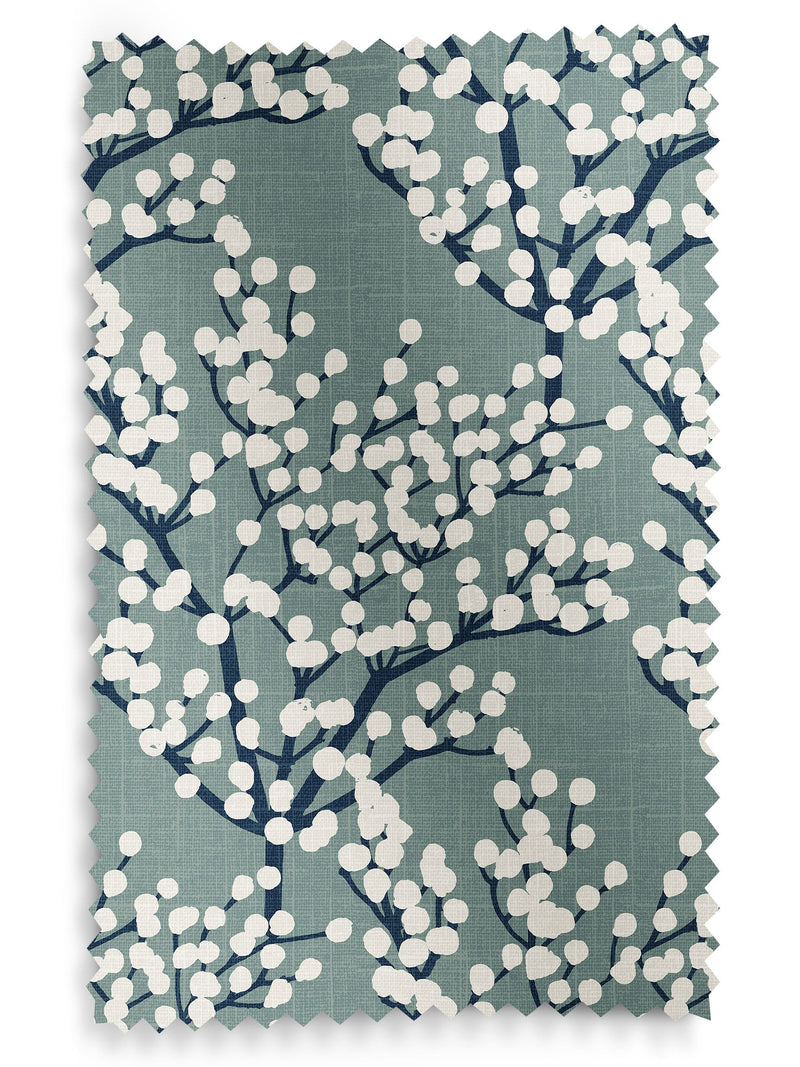 Blue Grove teal roman blind with white blossoms - British product