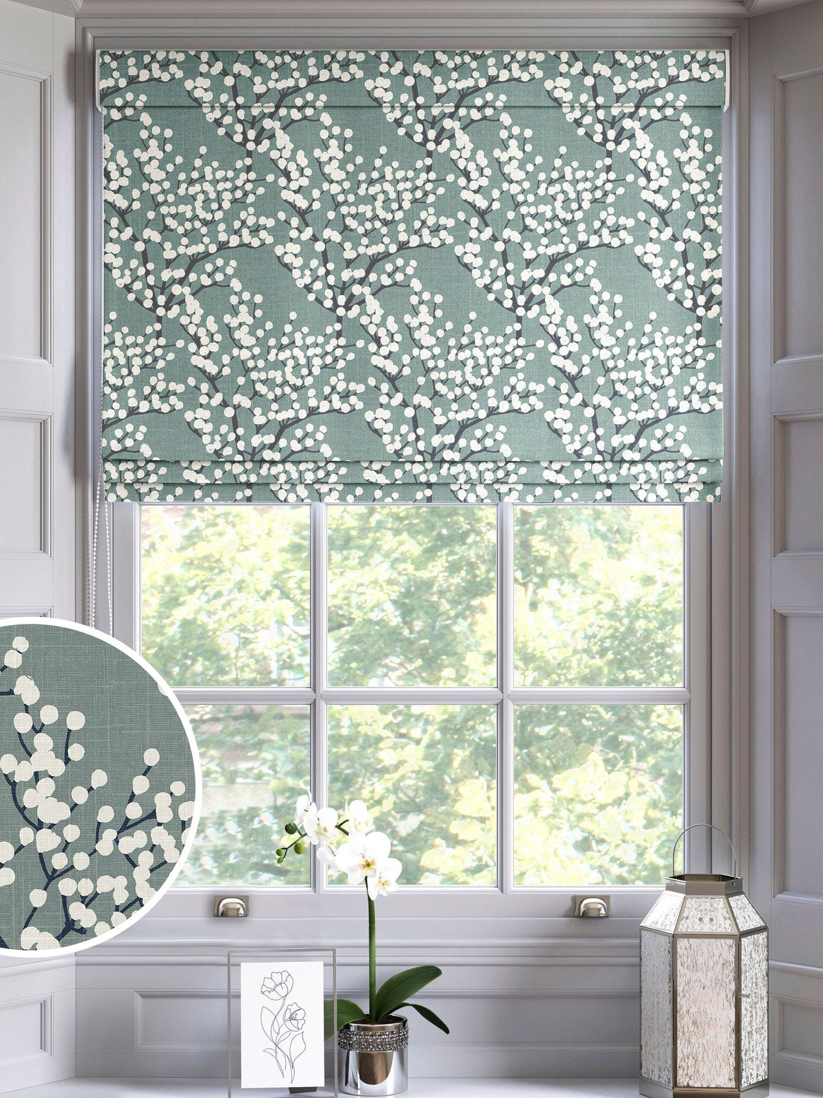 Blue Grove teal roman blind with white blossoms - British product