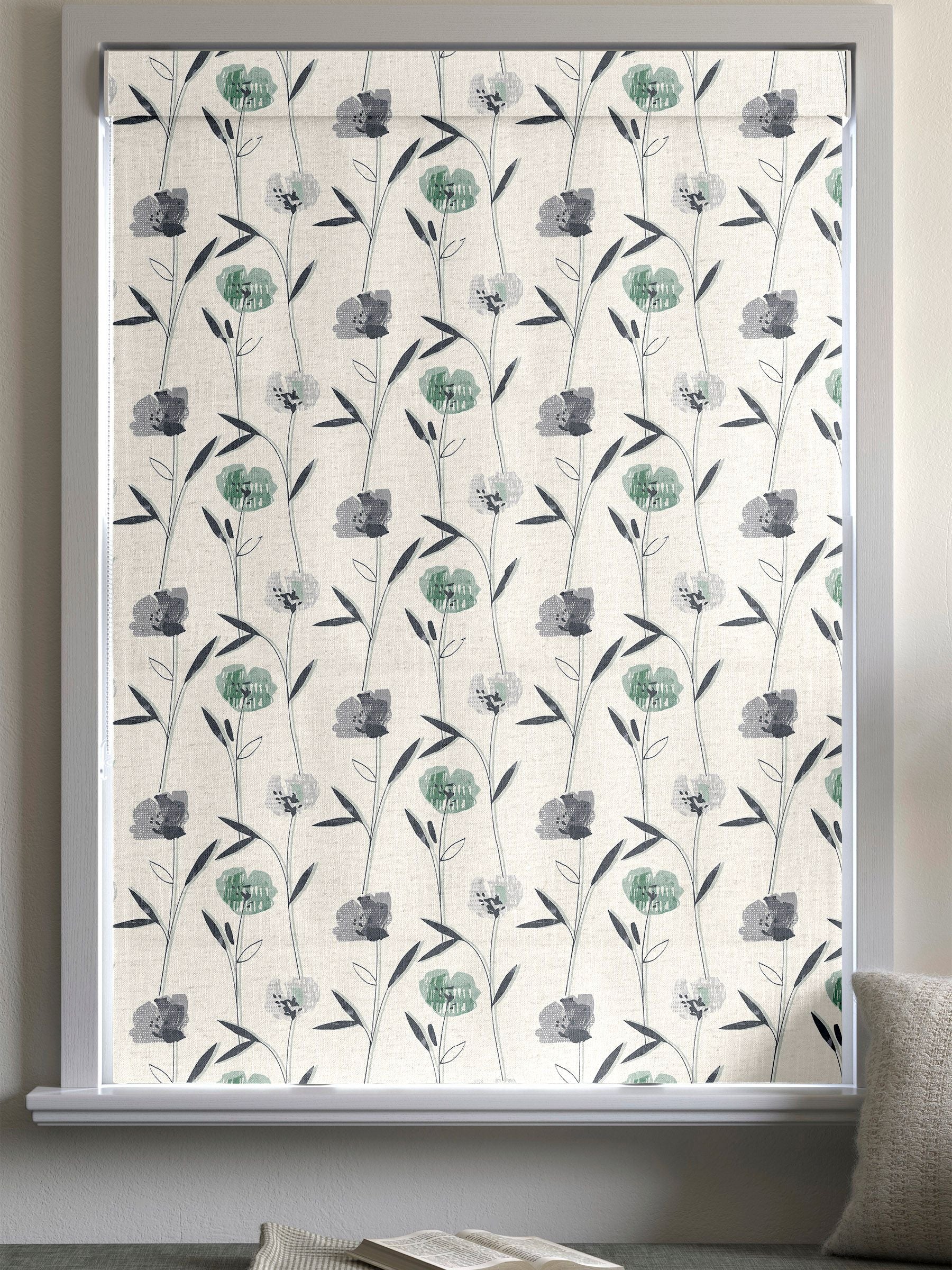 Green Hetty roman blind floral pattern 100% cotton, imported from the UK