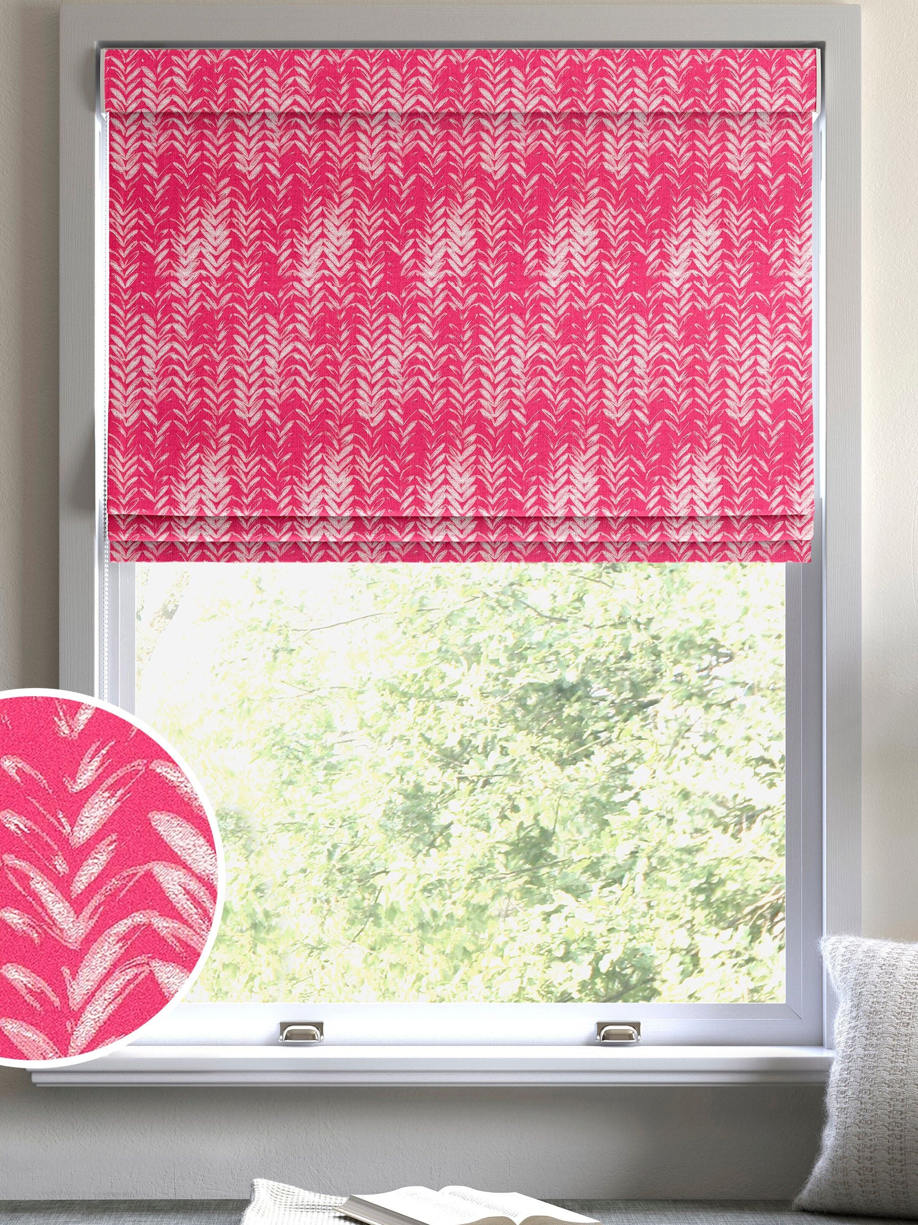 Pink leaf print made to measure Roman blind - British product
