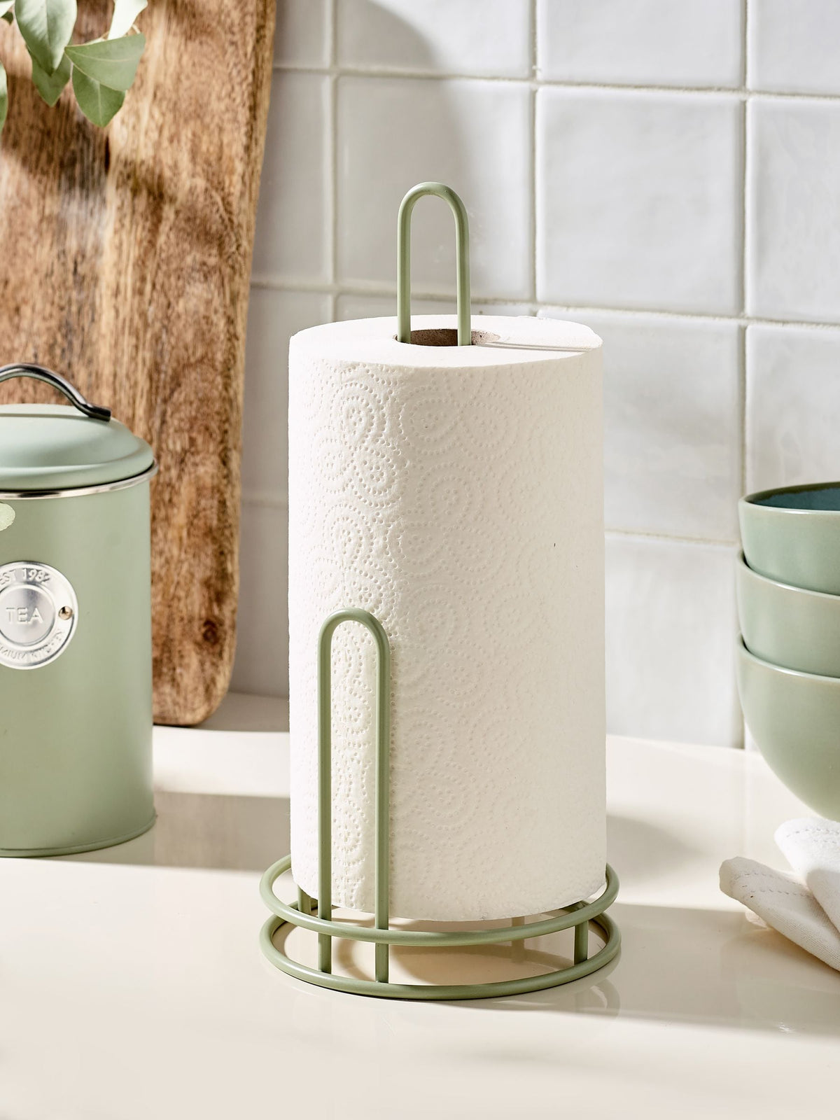 Sage green wire kitchen roll holder (British brand)