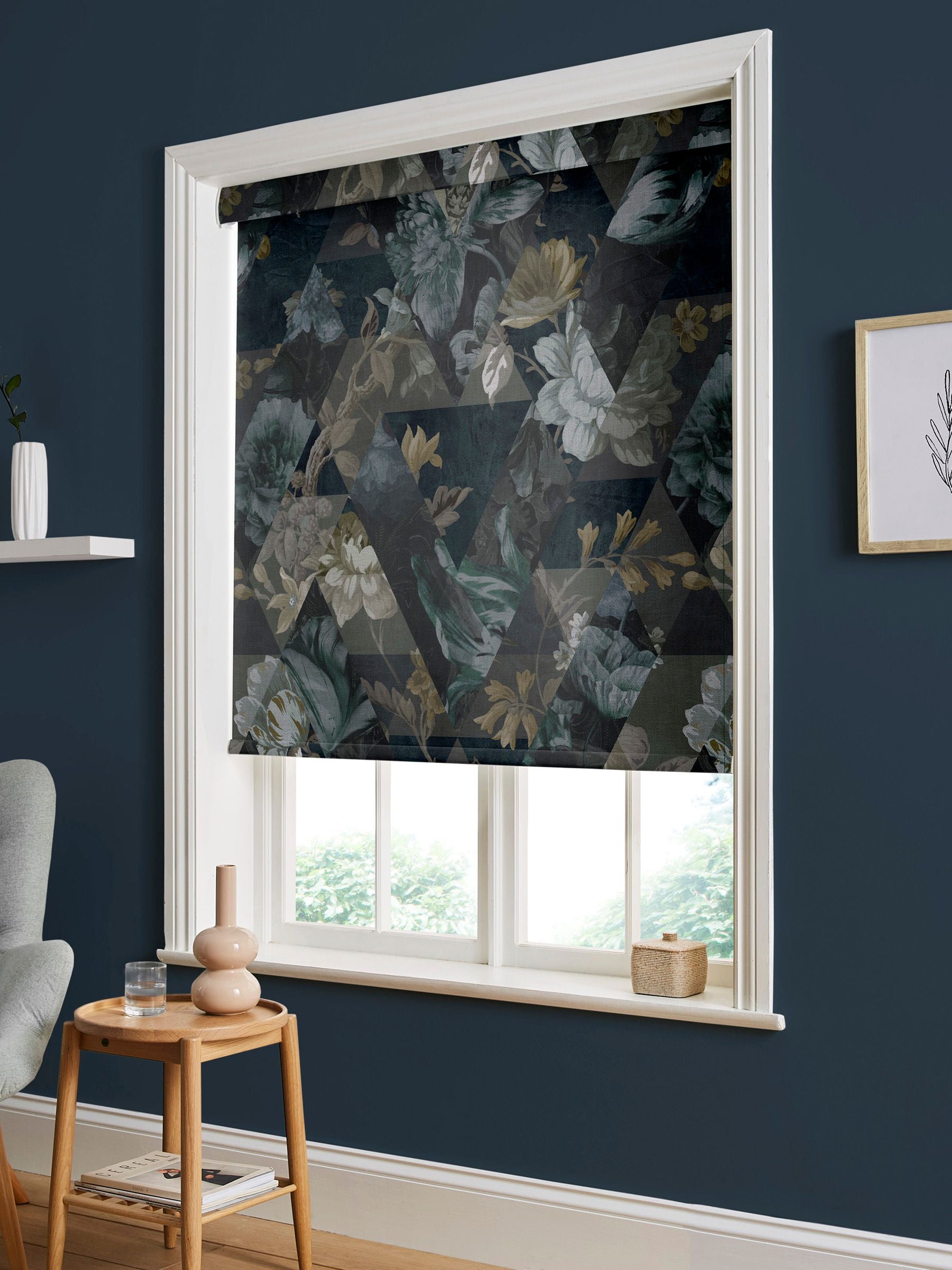 Graham & Brown Midnight Blue Timepiece roller blind, imported from the UK