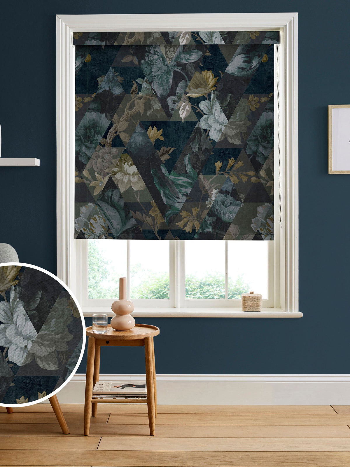 Graham & Brown Midnight Blue Timepiece roller blind, imported from the UK