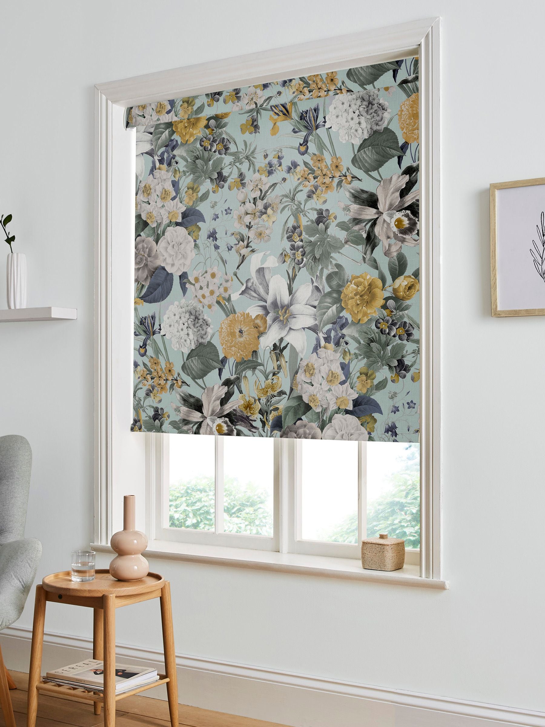 Graham & Brown roller blind Morning Blue Glasshouse, imported from the UK