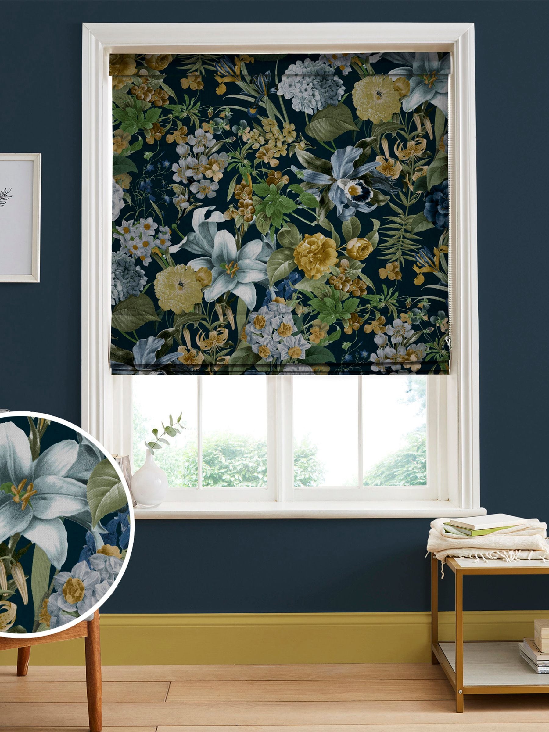 Graham & Brown Blue Glasshouse Flora roman blind, UK version