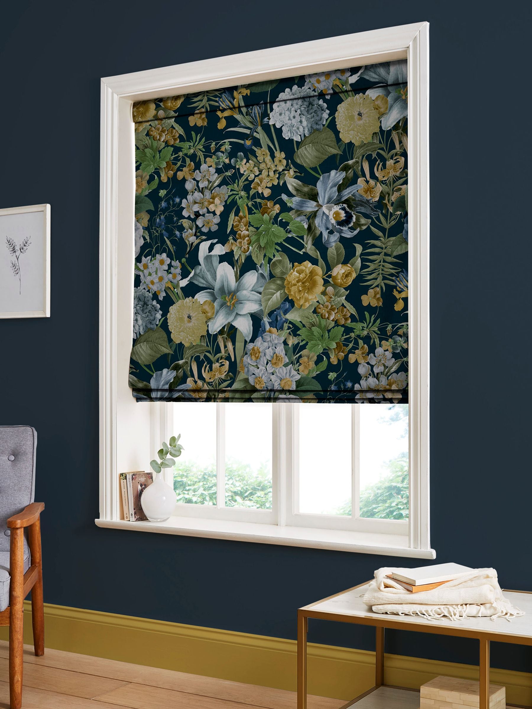 Graham & Brown Blue Glasshouse Flora roman blind, UK version
