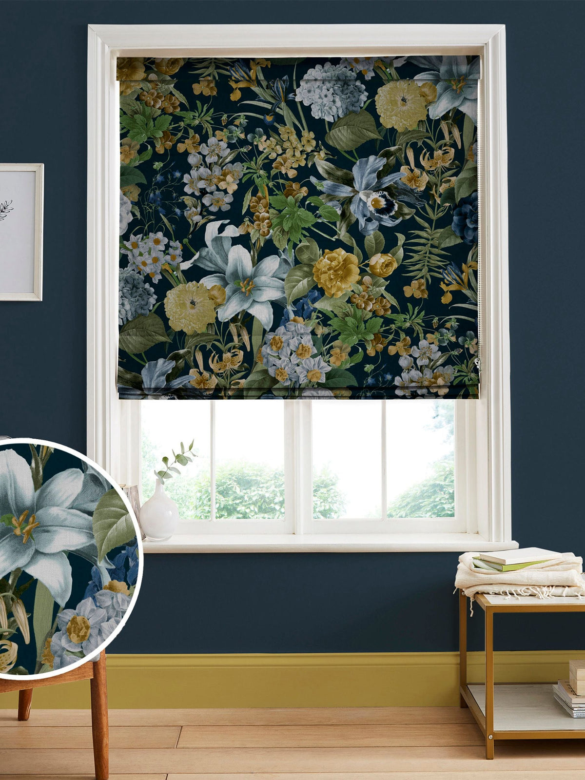 Graham & Brown Blue Glasshouse Flora roman blind, UK version