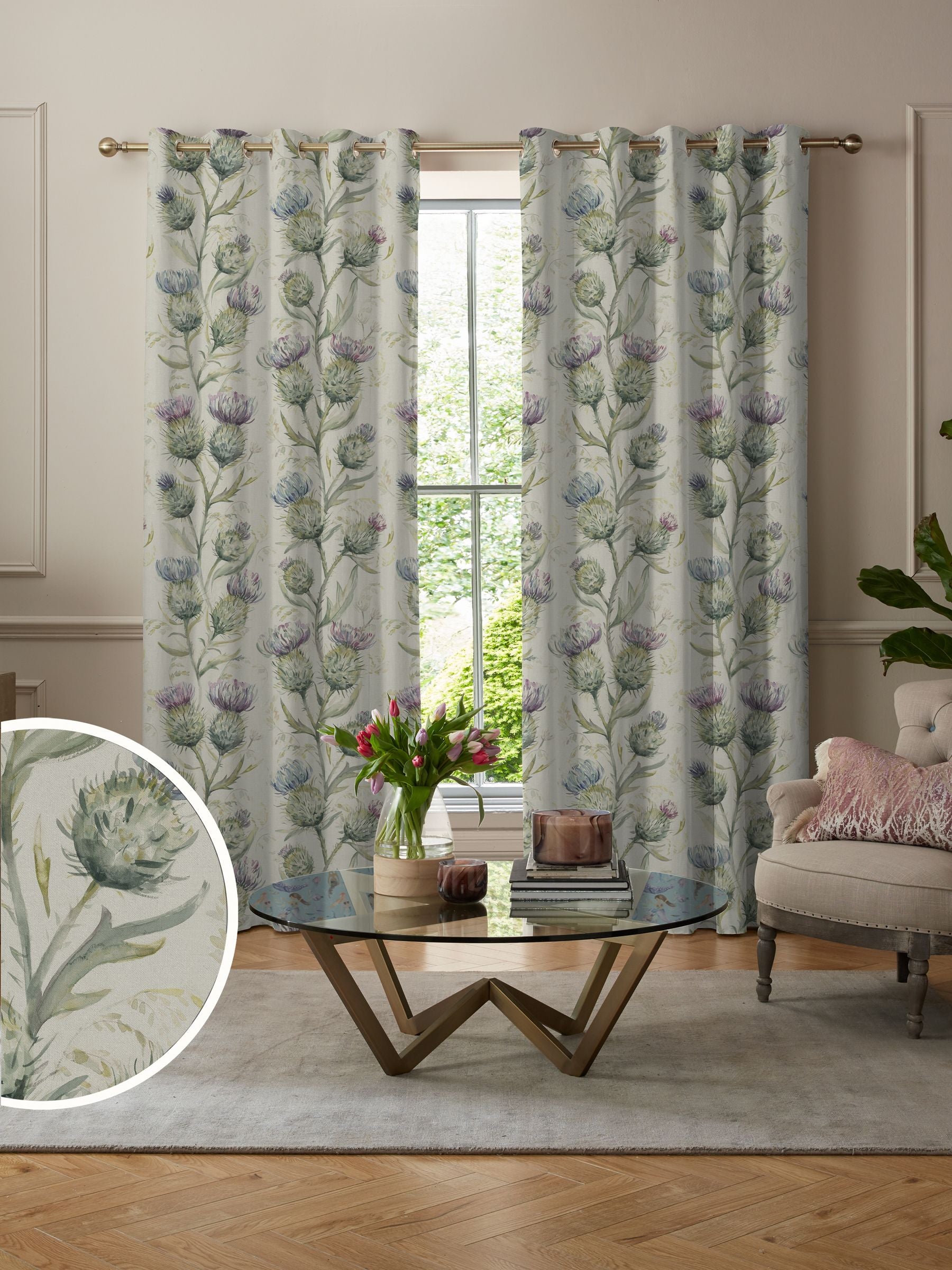 Voyage Maison purple thistle made to measure curtains, imported from the UK
