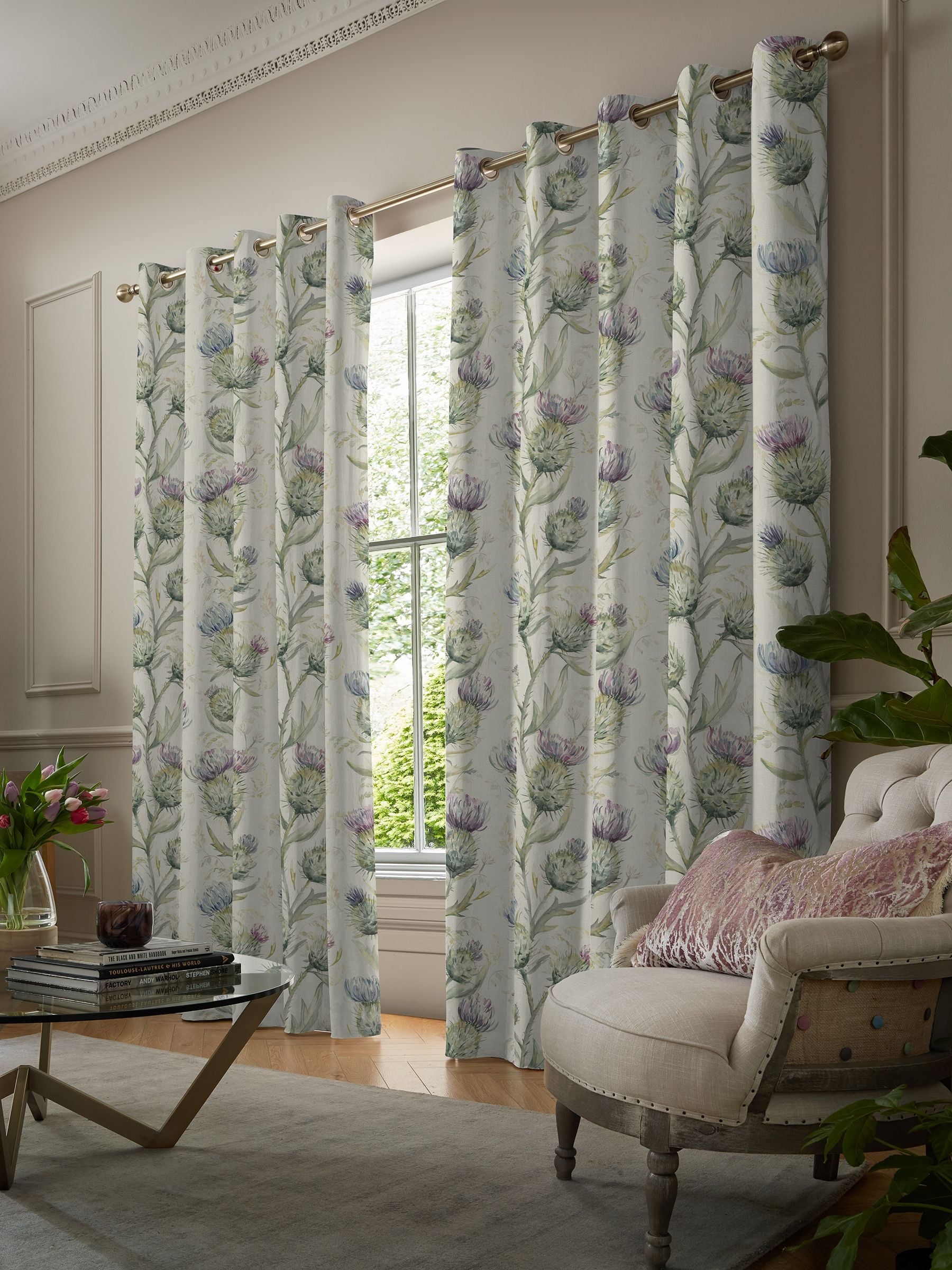 Voyage Maison purple thistle made to measure curtains, imported from the UK