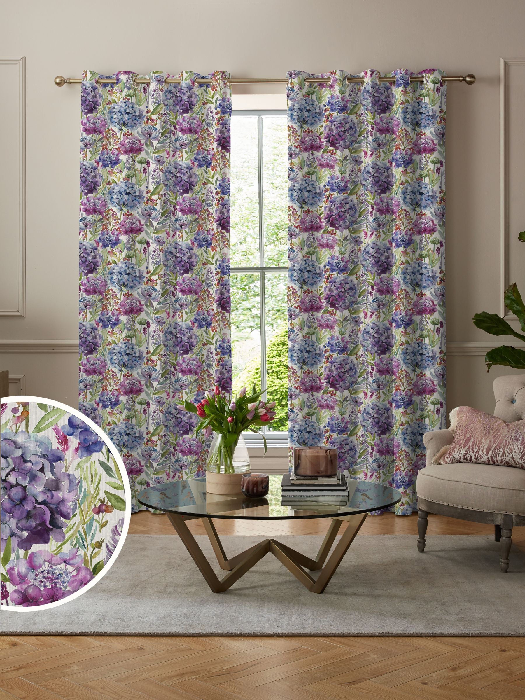Voyage Grape Purple Hydrangea curtains made to measure, UK version