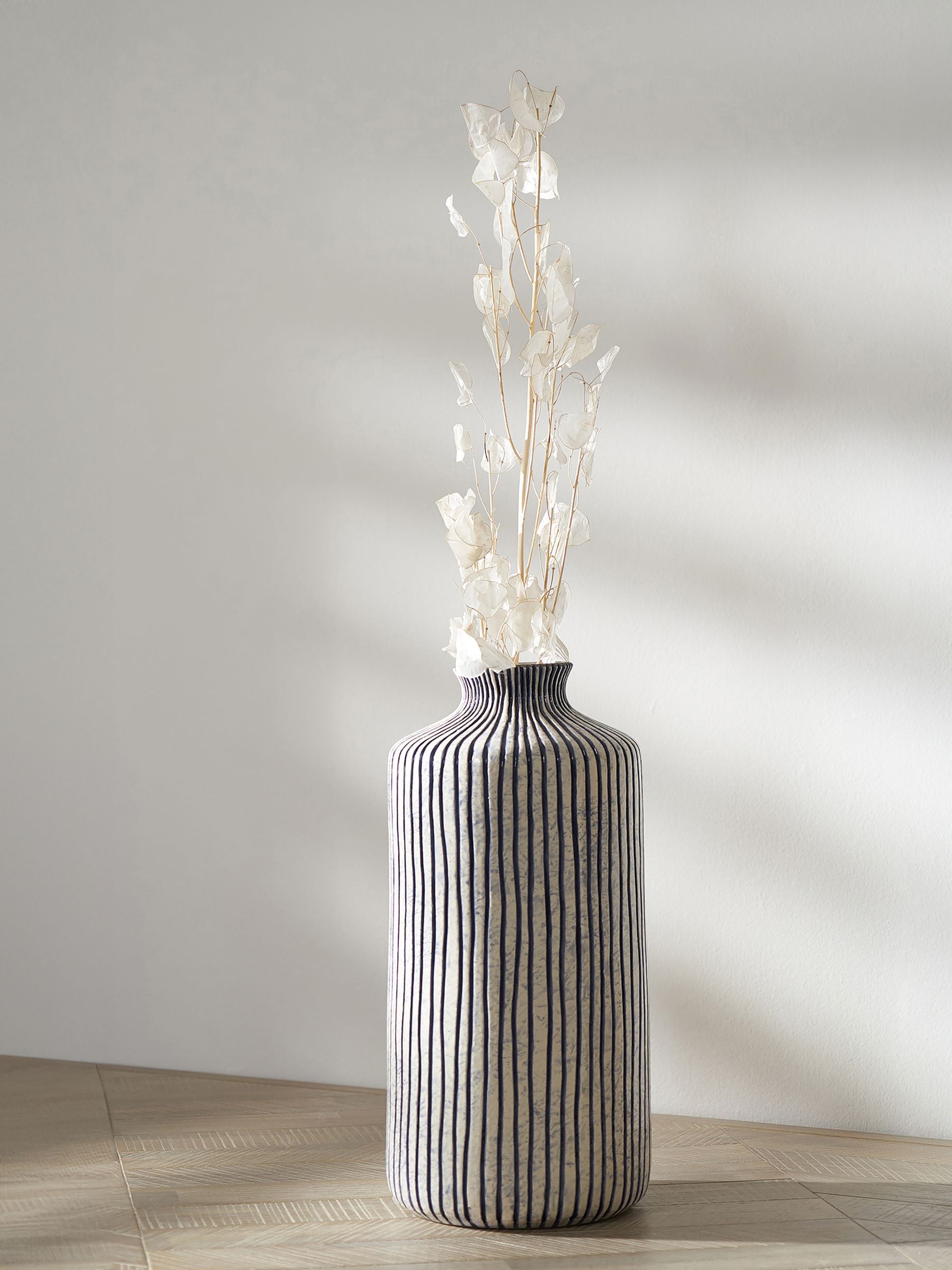 Pacific Blue/White Bude Stripe stoneware vase 36cm height, imported from the UK