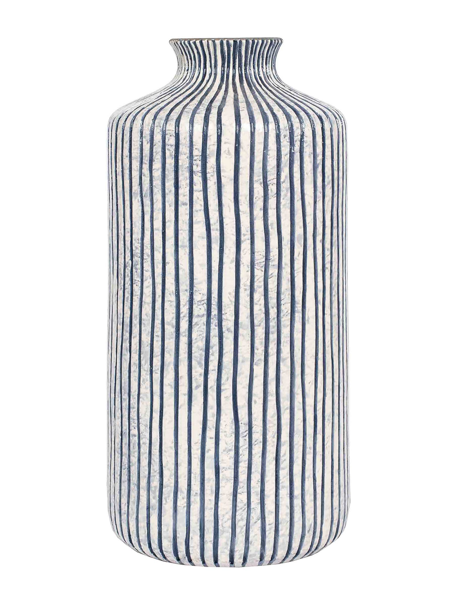 Pacific Blue/White Bude Stripe stoneware vase 36cm height, imported from the UK