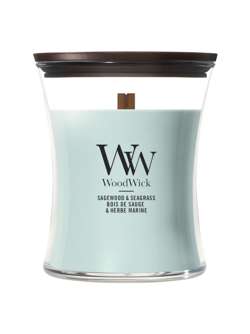 Woodwick candle blue hourglass medium 1-wick, imported from the UK