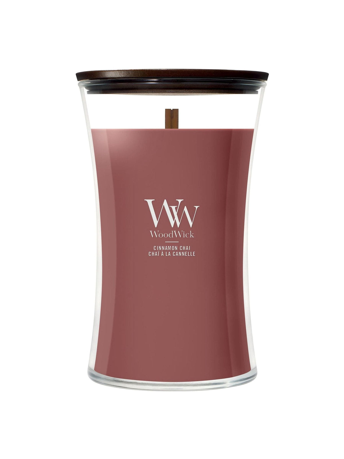 Woodwick Burgundy hourglass candle Cinnamon Chai, UK version
