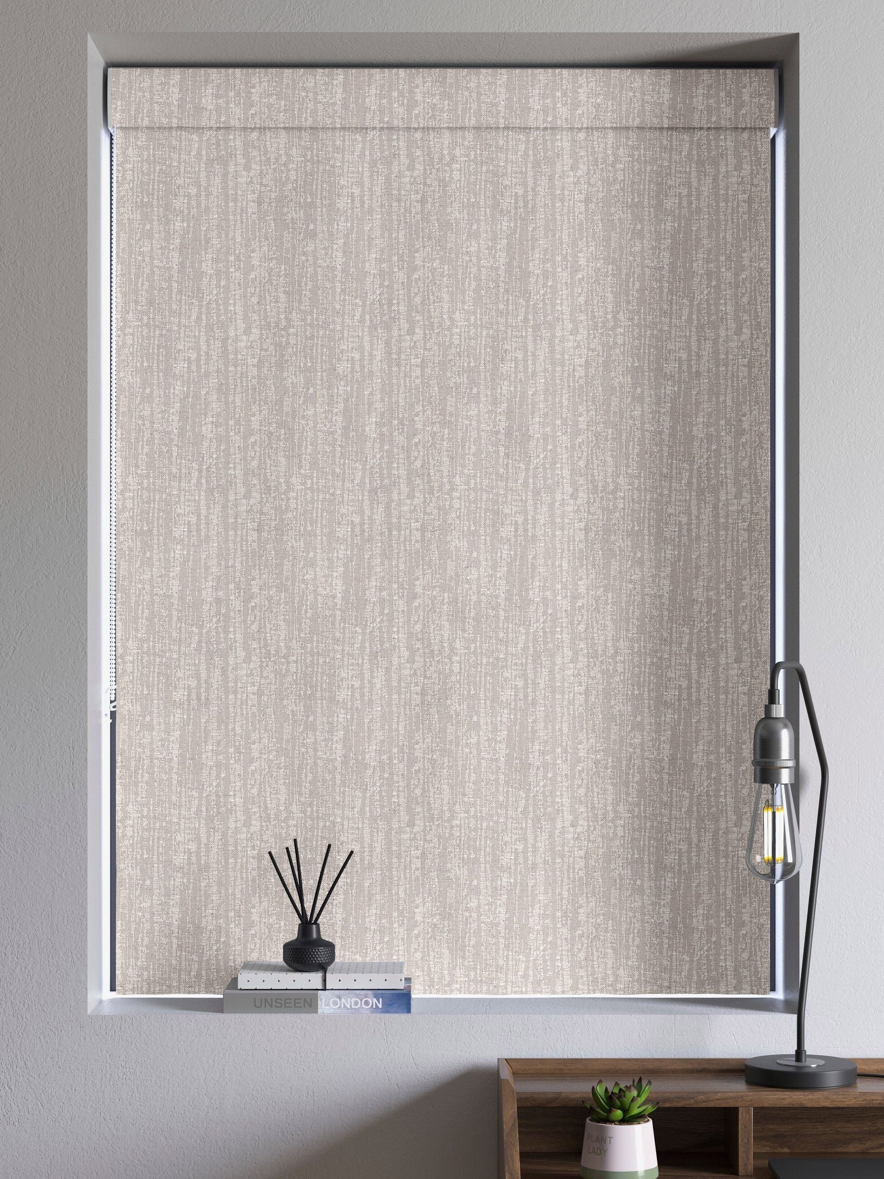 Silver Lenna grey roman blind with vertical texture, imported from the UK