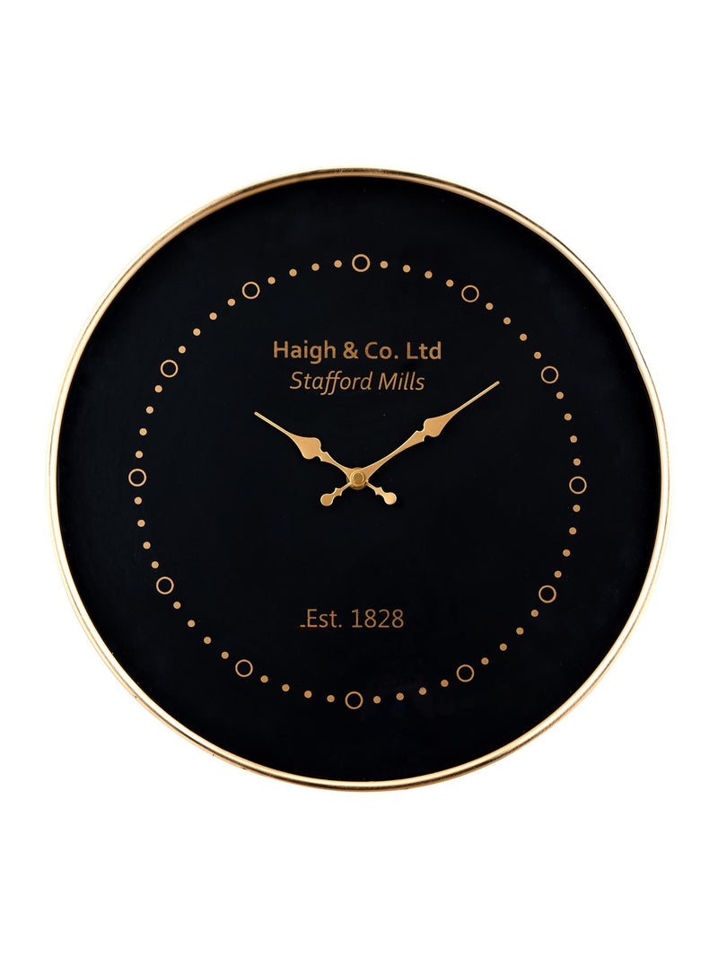 Pacific Black round wall clock with antique brass frame, imported from the UK