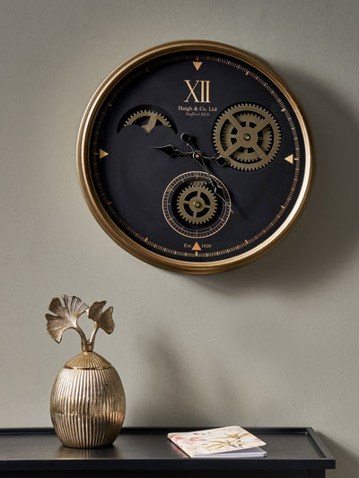 Pacific Black/Champagne Gold Metal Cogs Industrial Style Wall Clock 50cm
