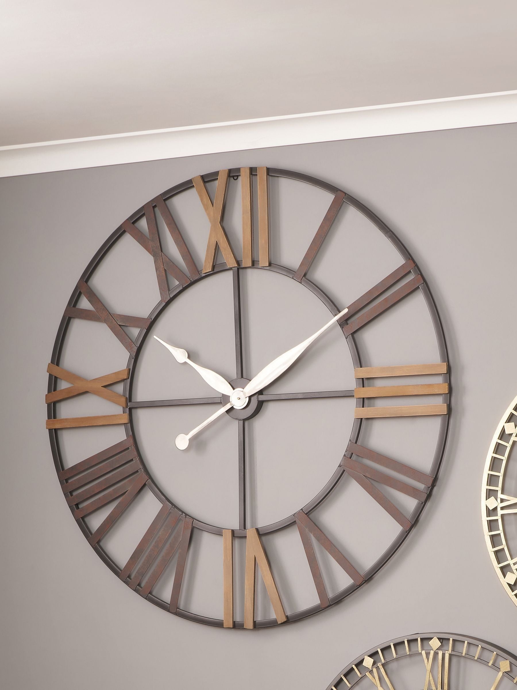 Large antique grey metal and wood wall clock, UK version
