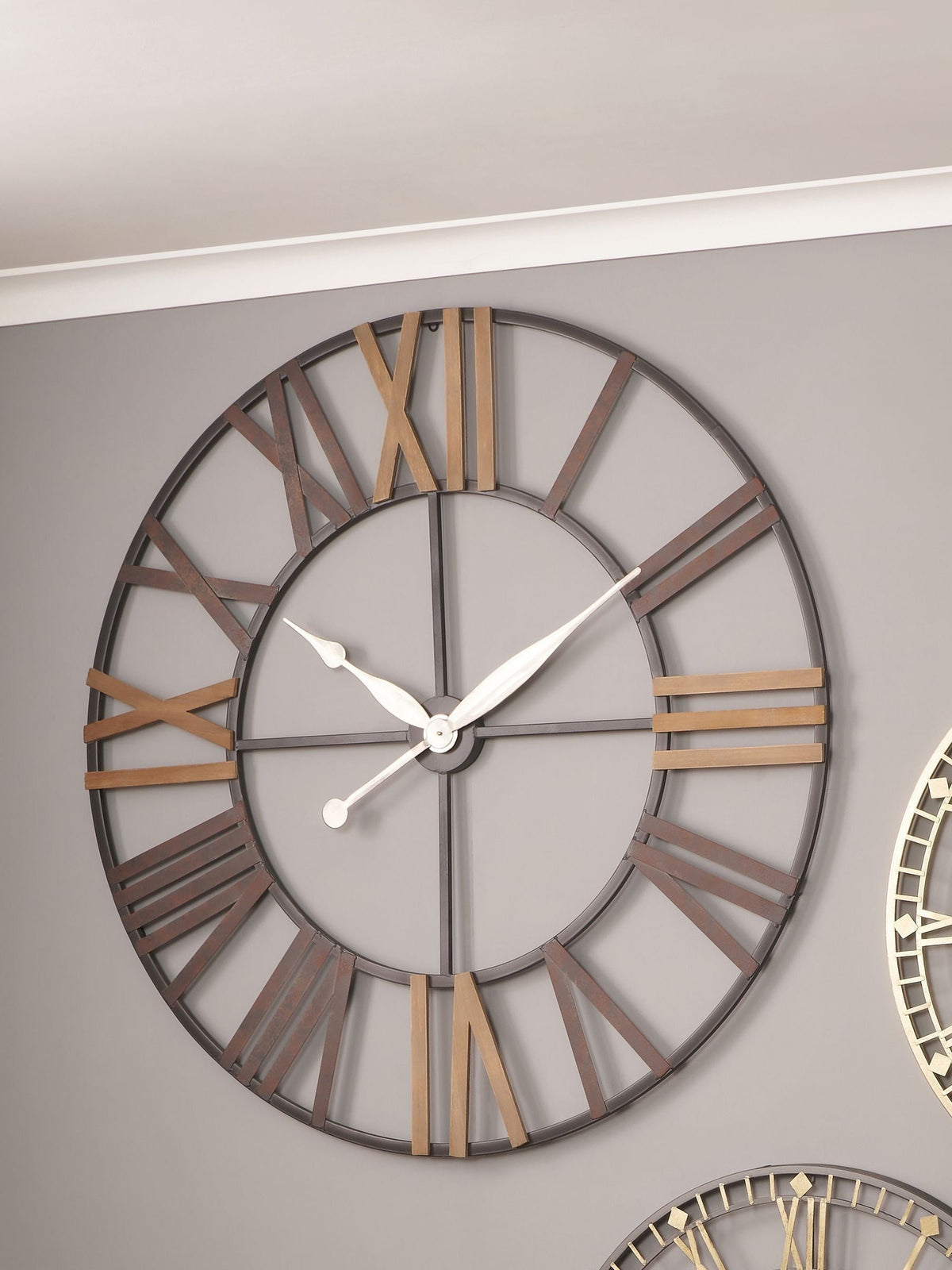Large antique grey metal and wood wall clock, UK version