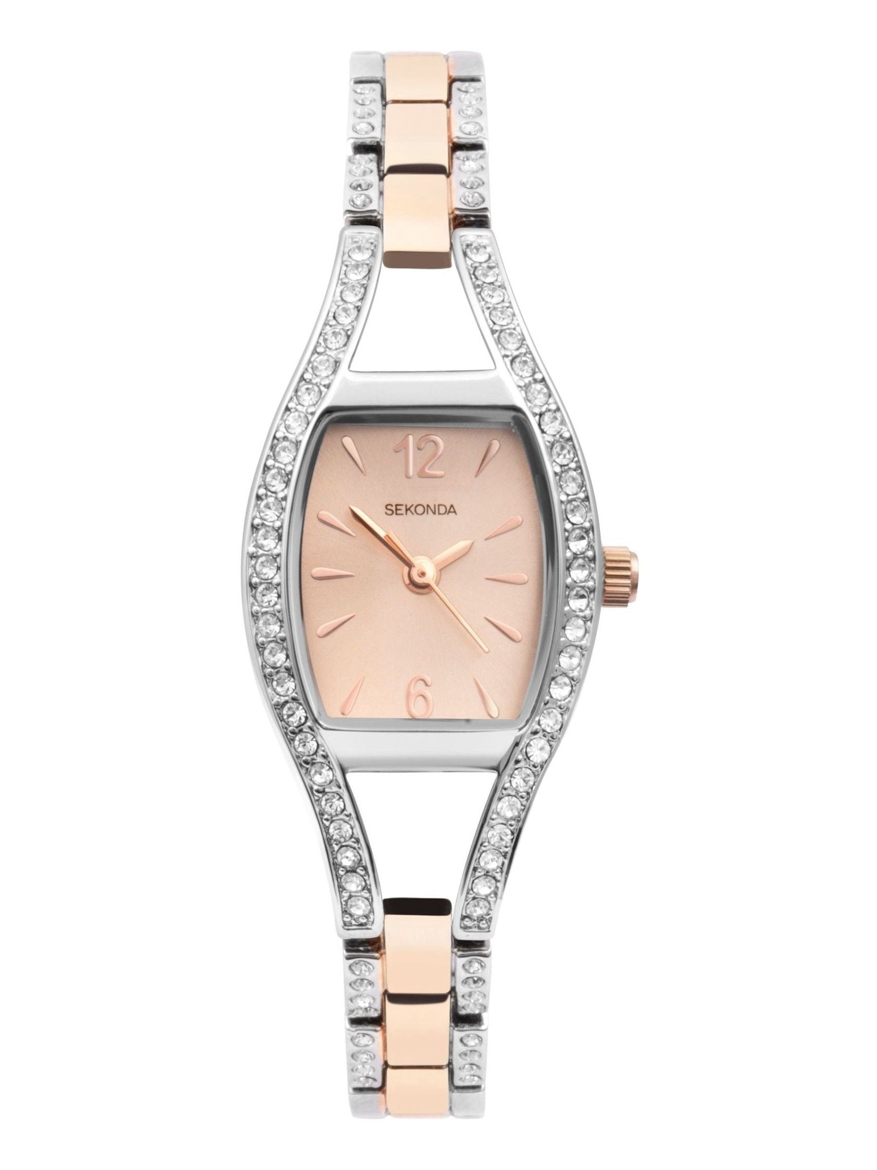 Two-Tone Rose Gold and Silver Ladies Bracelet Watch with Stone Set Case