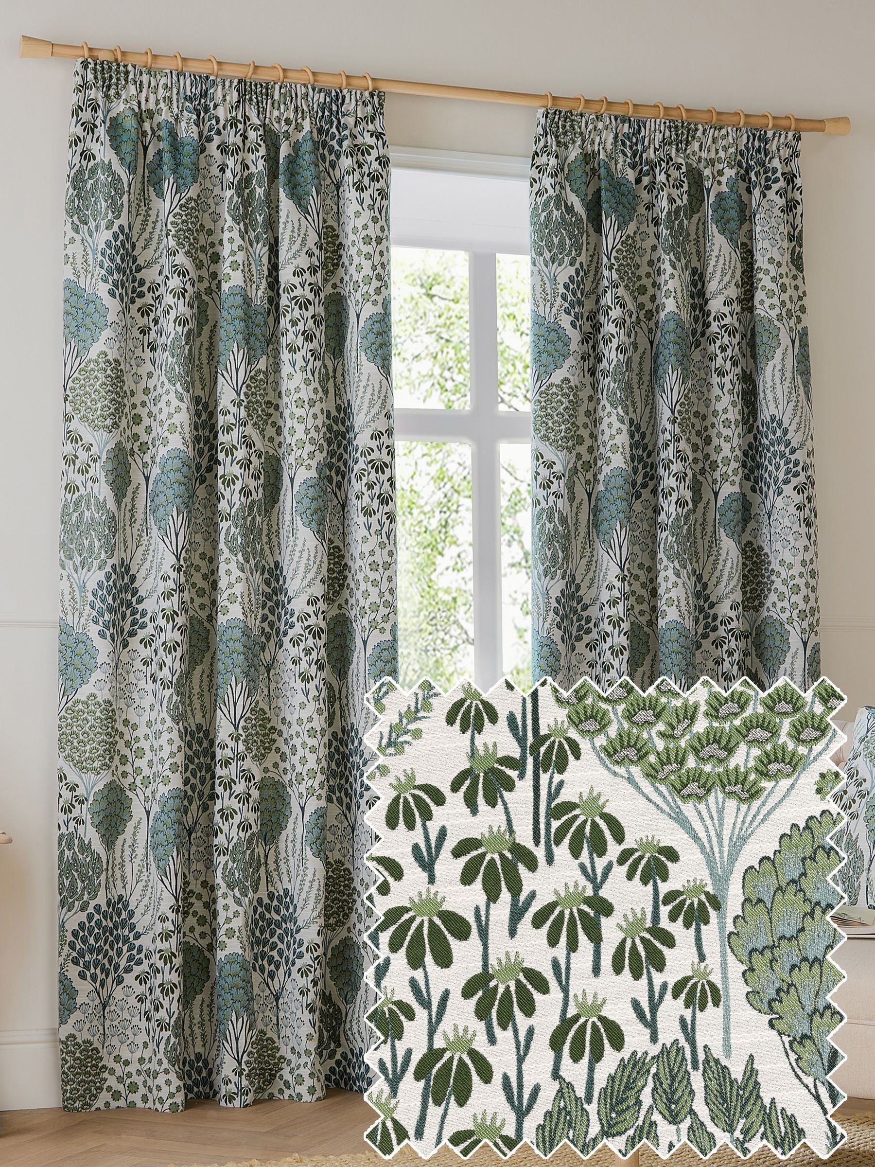 Wylder Ophelia floral jacquard pencil pleat curtains - British product