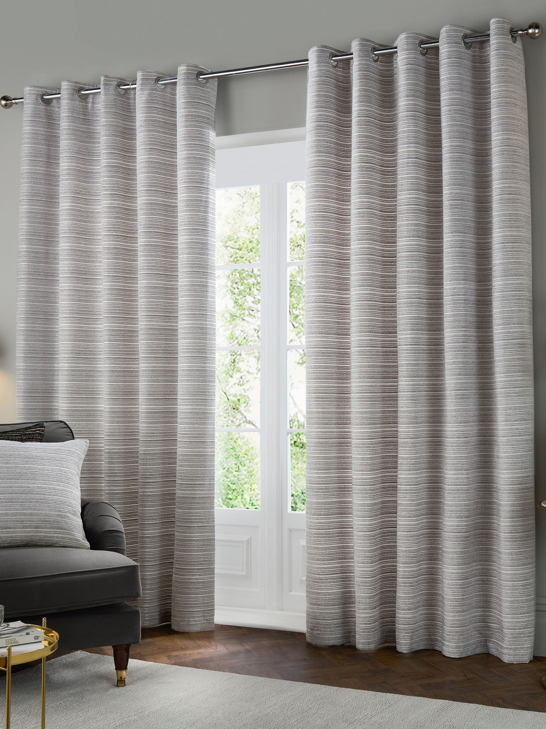Paoletti silver jupiter chenille jacquard eyelet curtains, UK version