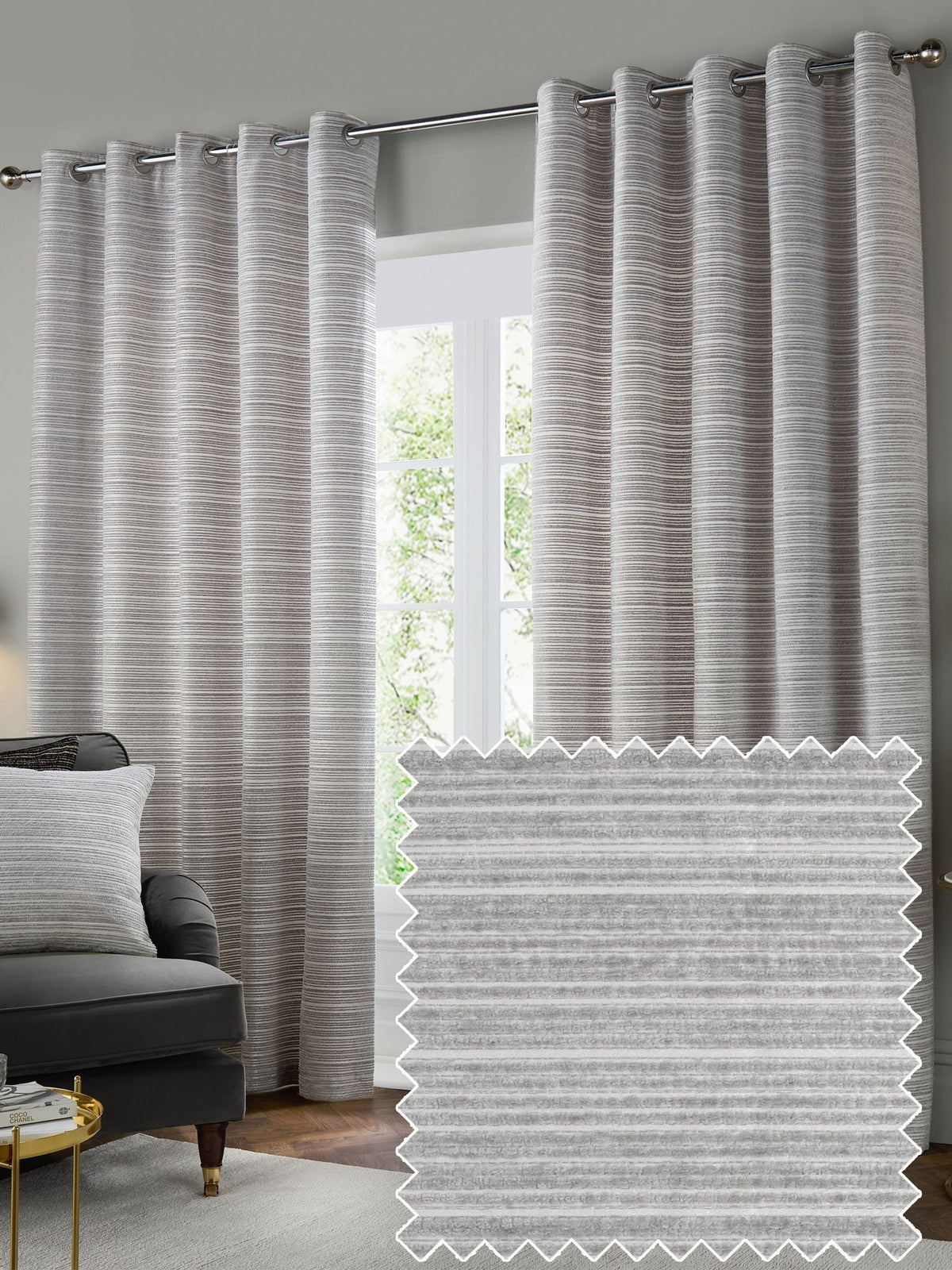 Paoletti silver jupiter chenille jacquard eyelet curtains, UK version