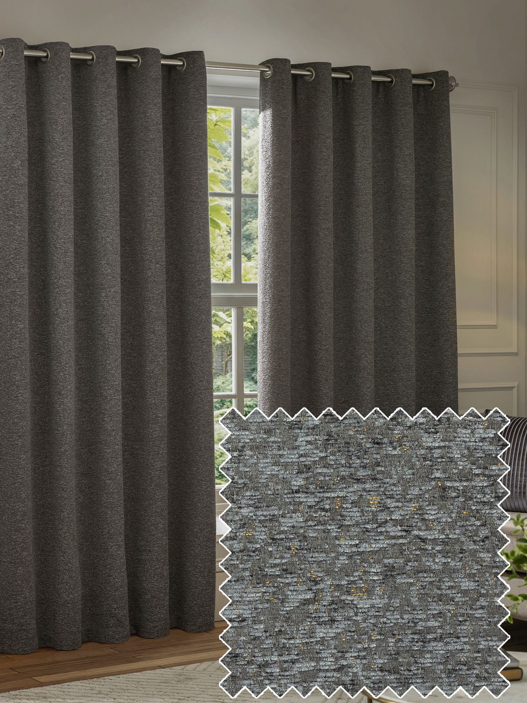 Paoletti Charcoal Grey Galaxy chenille curtains, imported from the UK