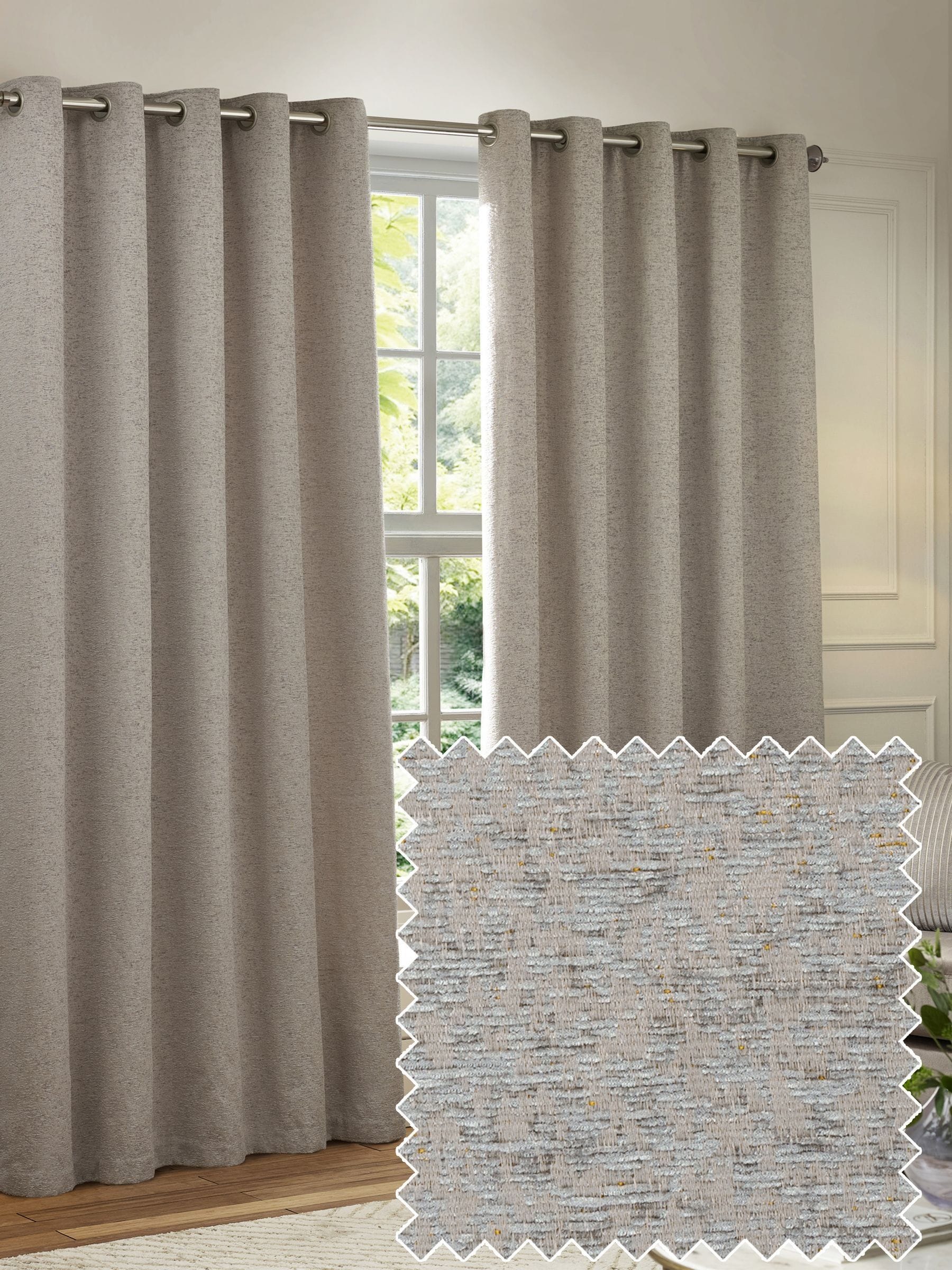 Paoletti Silver Galaxy chenille room darkening curtains, UK version