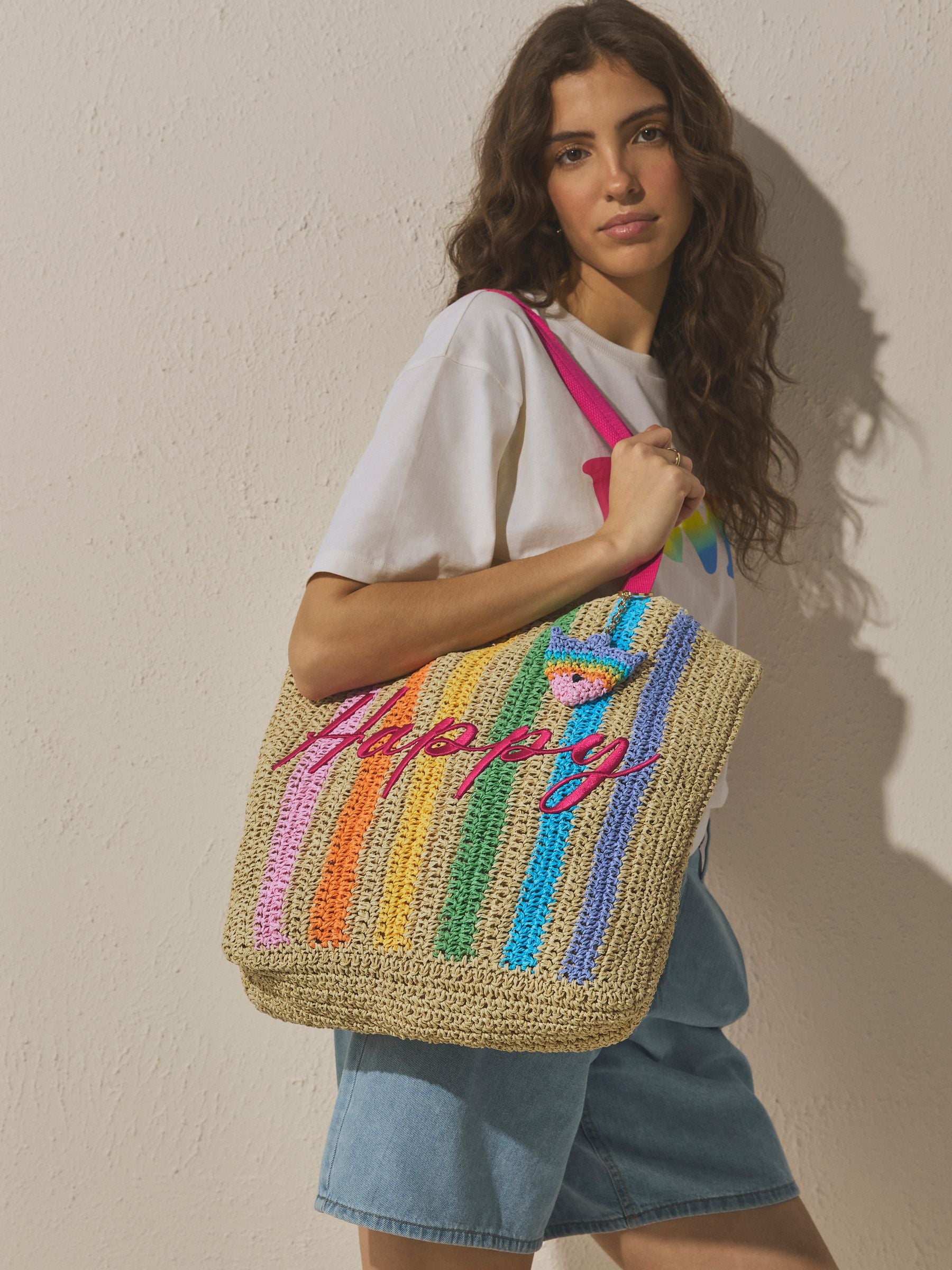 Little Bird by Jools Oliver multi rainbow raffia tote bag, UK version