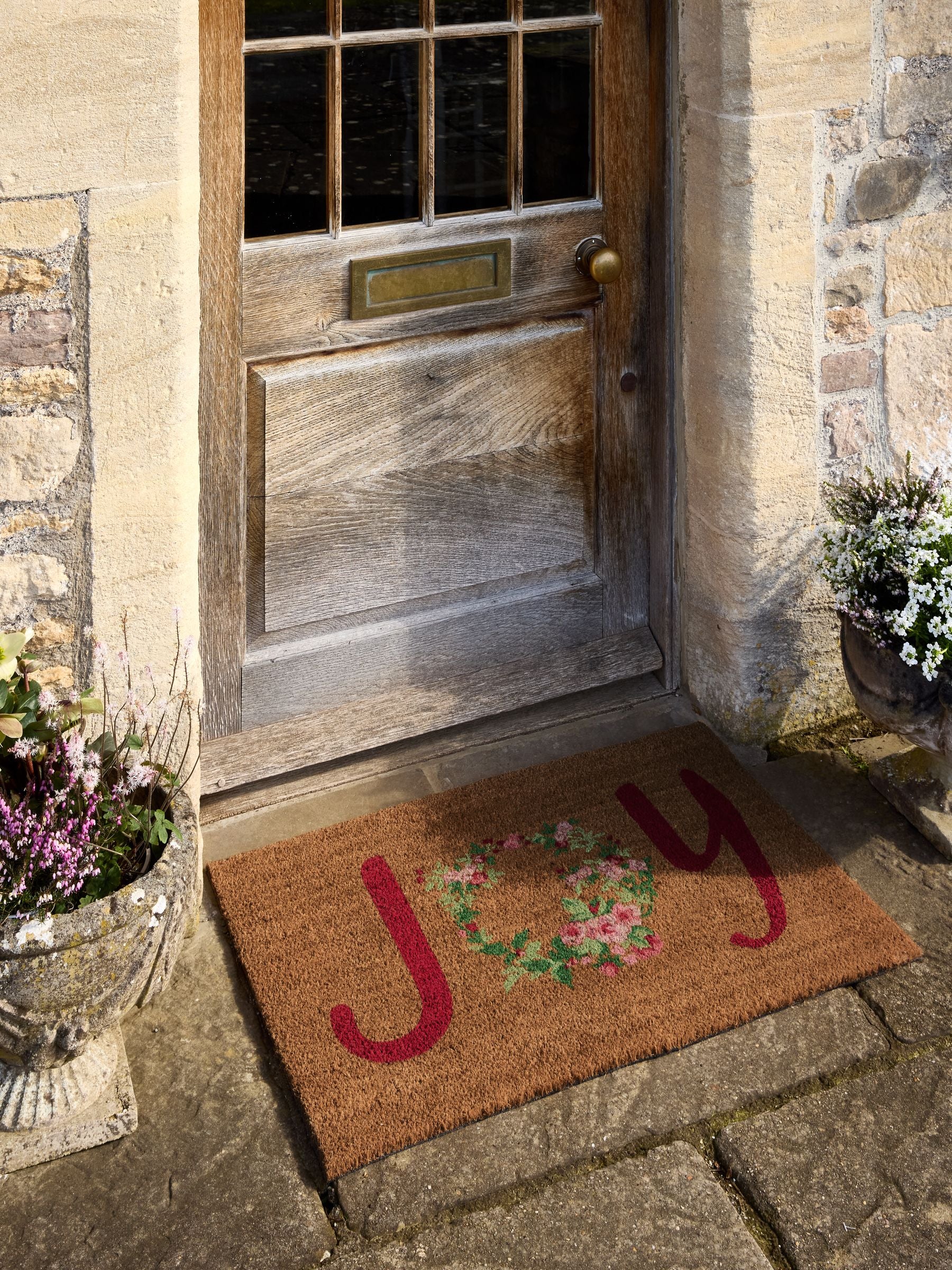 Shabby Chic Pink Joy Floral Slogan doormat, UK version