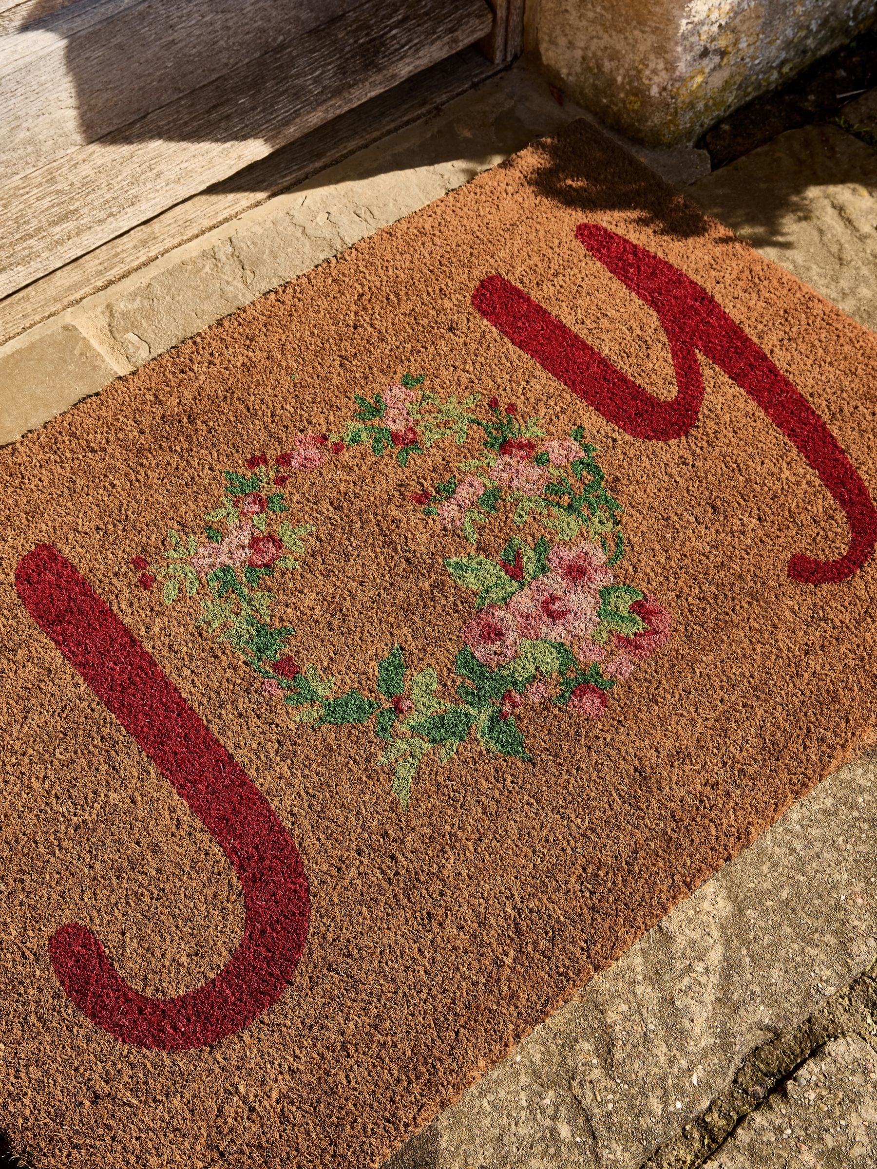Shabby Chic Pink Joy Floral Slogan doormat, UK version