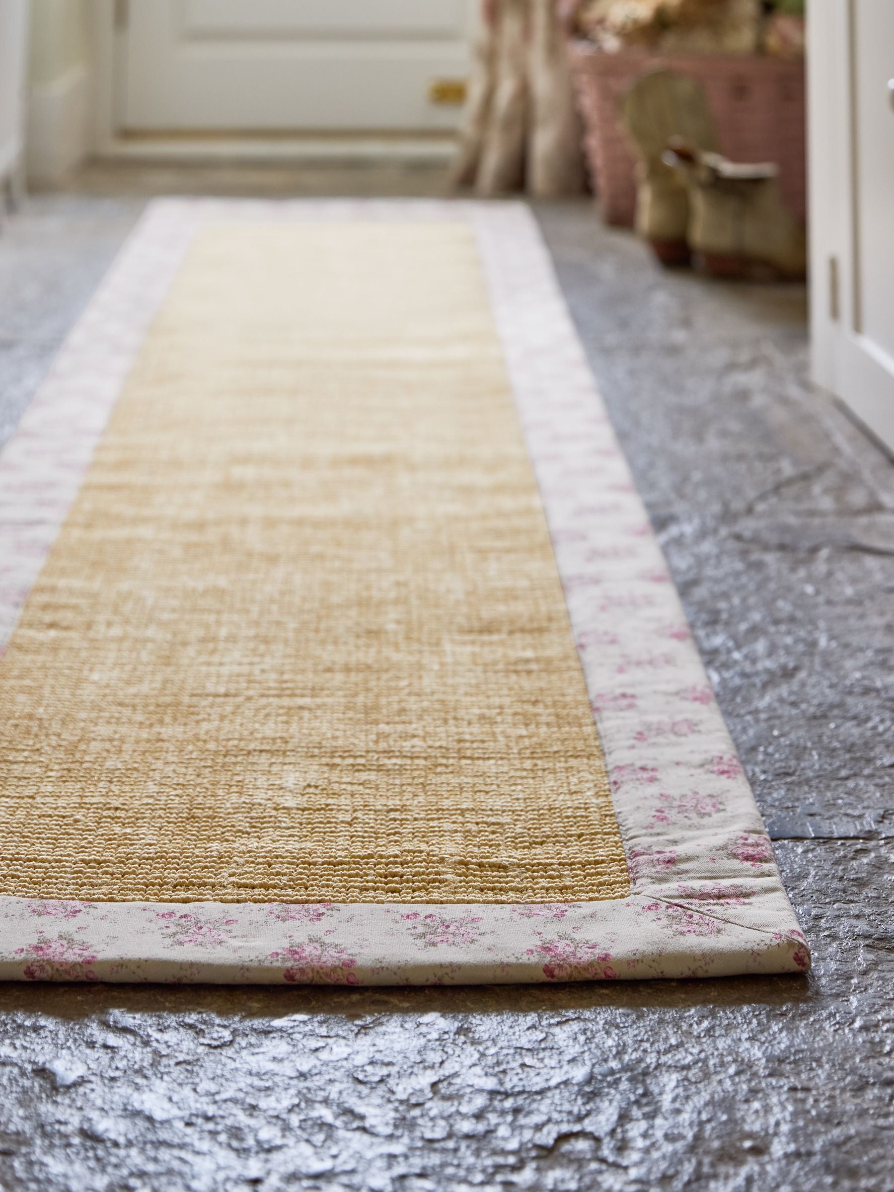 Shabby Chic pink floral border sisal flatweave runner (British brand)