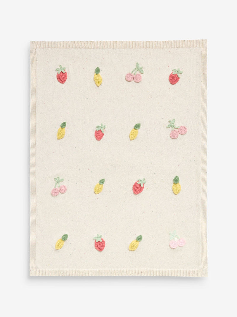 JoJo Maman Bébé knitted baby blanket with crochet fruit details, imported from the UK