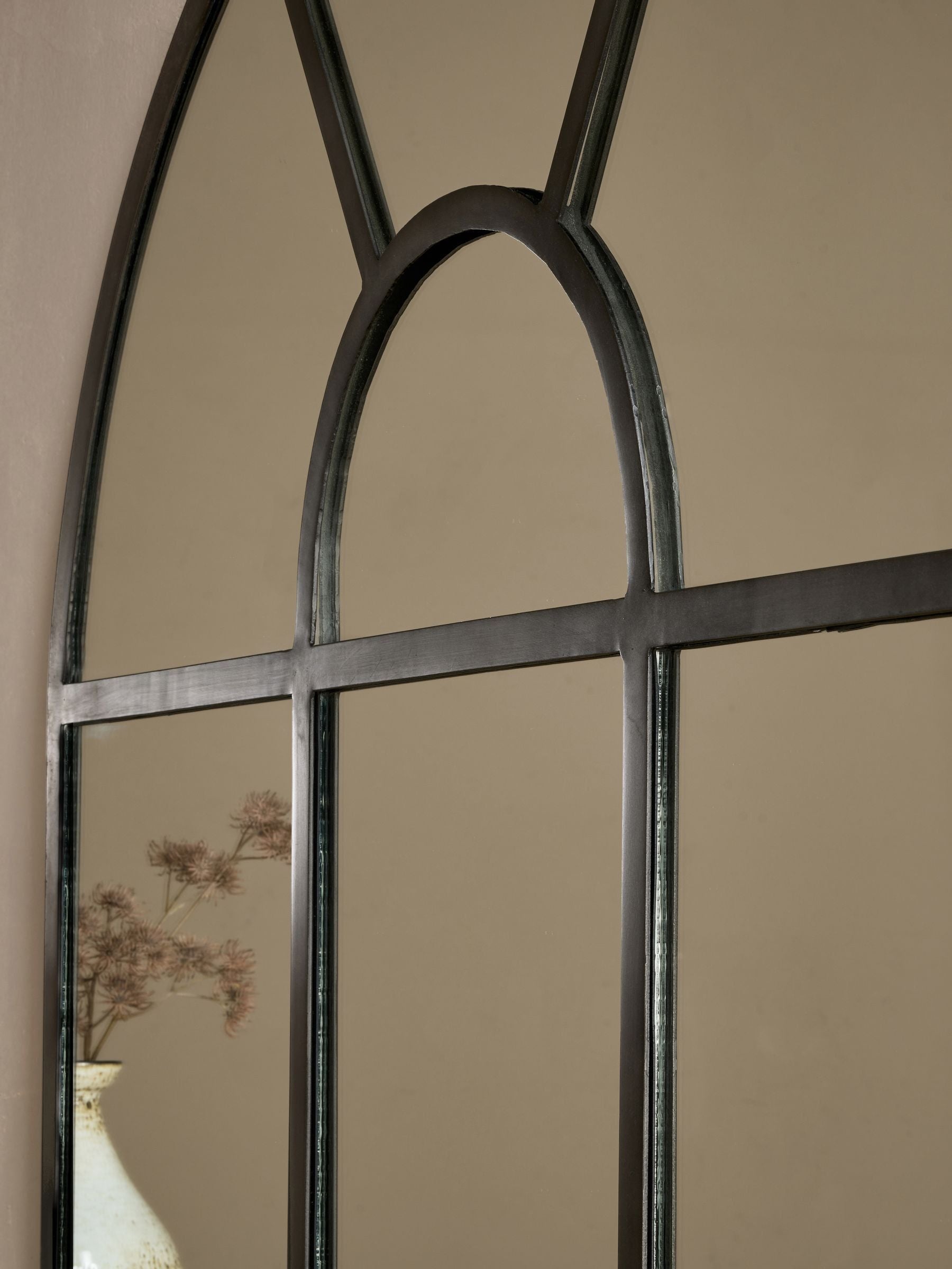 Nkuku black iron arch overmantle mirror, imported from the UK