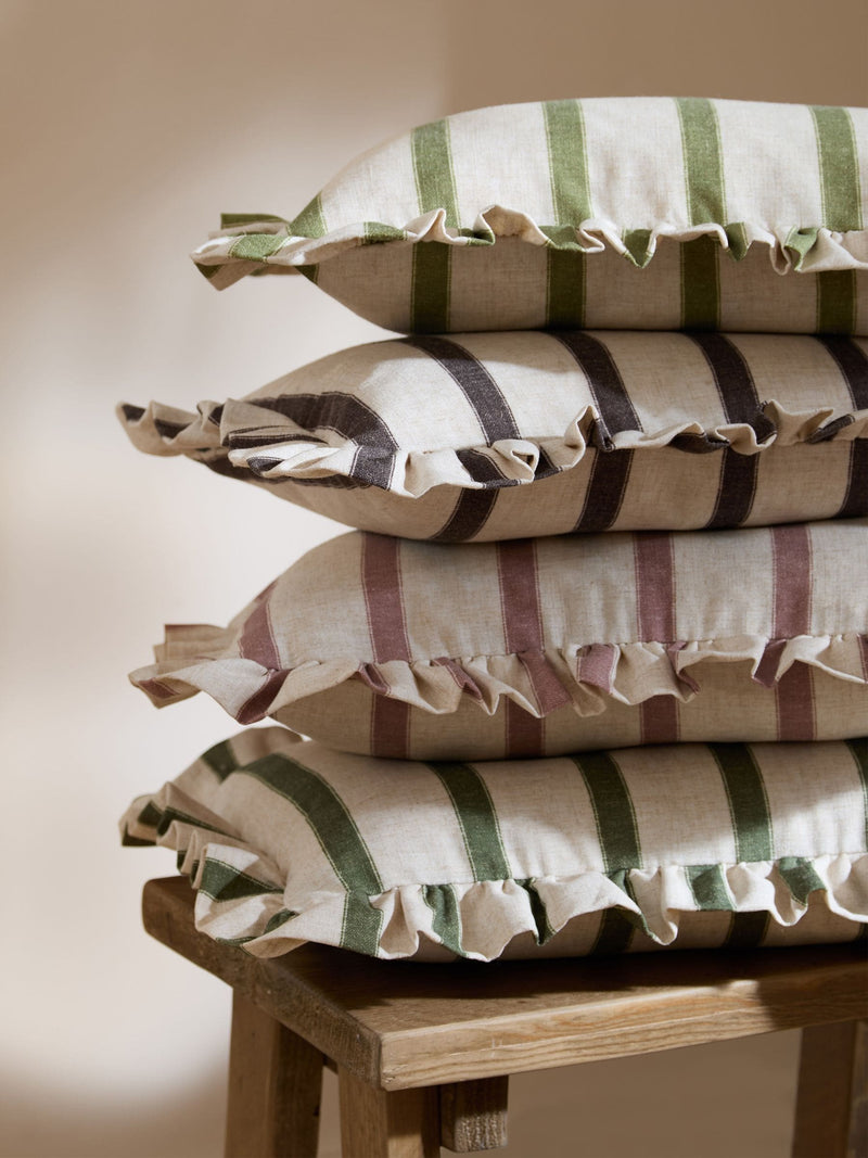Wylder Connie Stripe Ruffle Cushion in moss green (British brand)