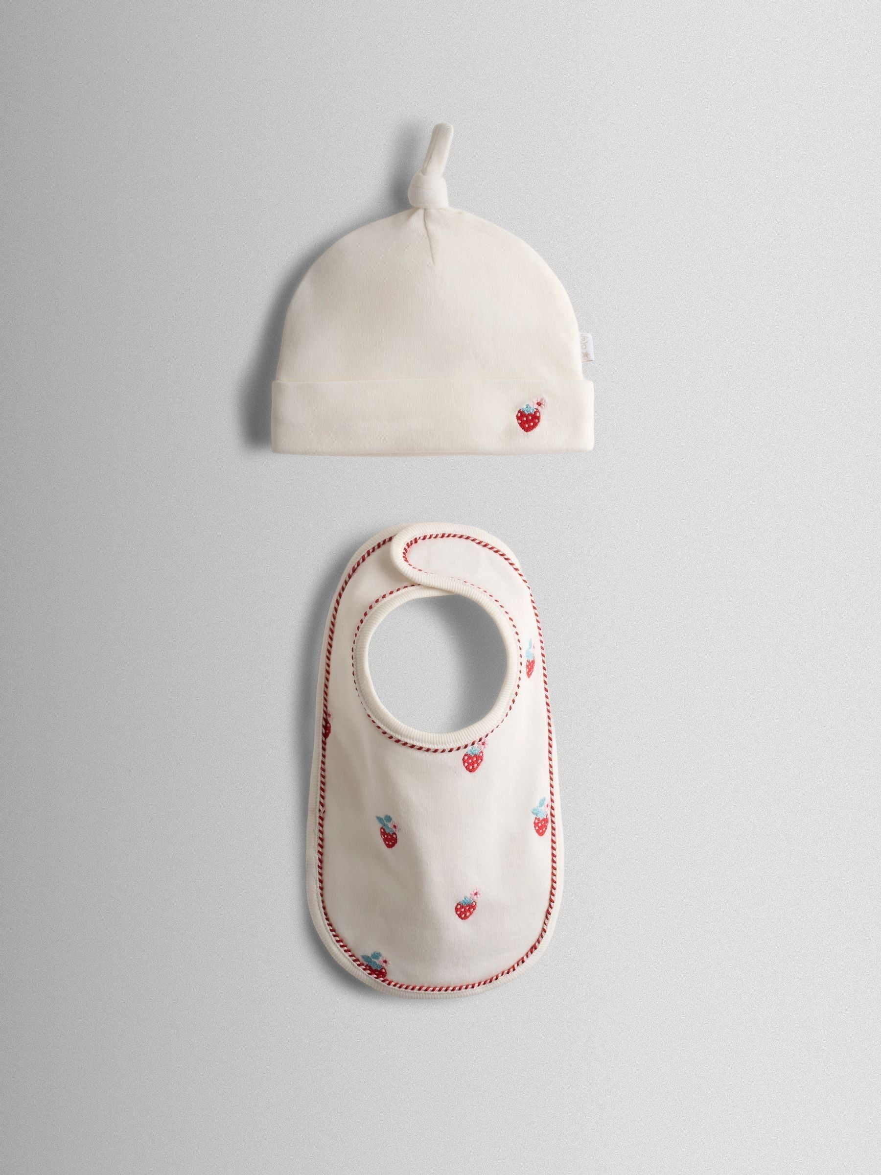 JoJo Maman Bébé strawberry embroidered hat and bib set (British brand)