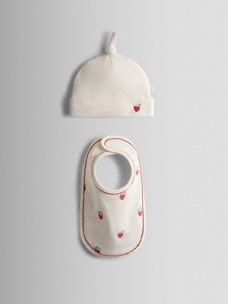 JoJo Maman Bébé strawberry embroidered hat and bib set (British brand)