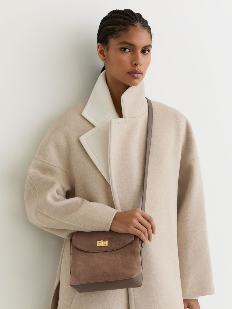 Reiss taupe Brea suede leather crossbody bag, UK version