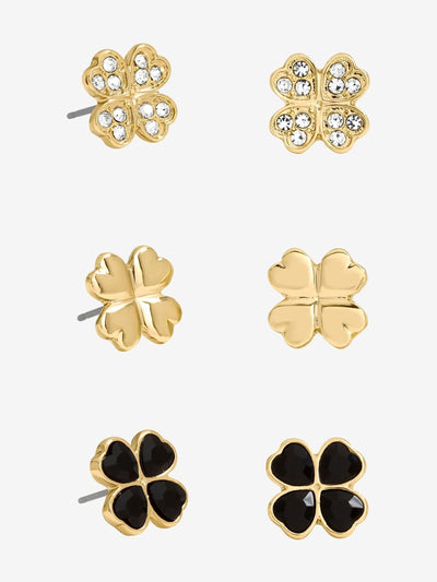 Lot de 3 clous d'oreilles trèfle cristal noir dorés