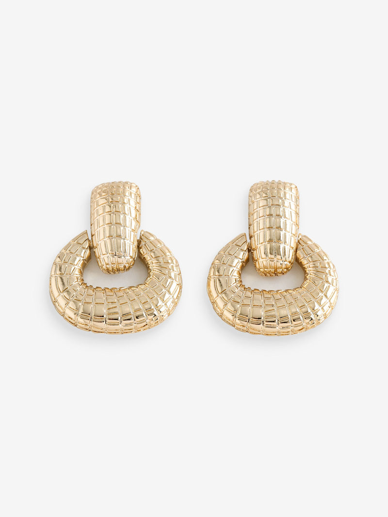 Gold Plated Snake Textured Doorknocker Earrings with Post and Bullet Back, 20mm Length