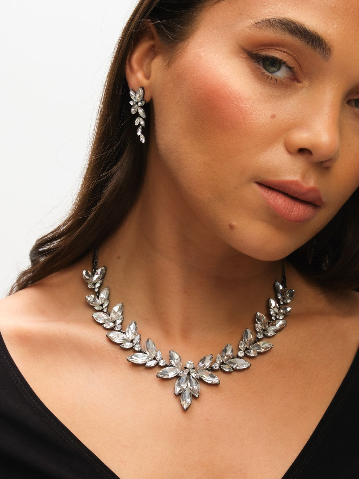 Hematite and Crystal Leaf Y Drop Necklace, 16 Inch Chain