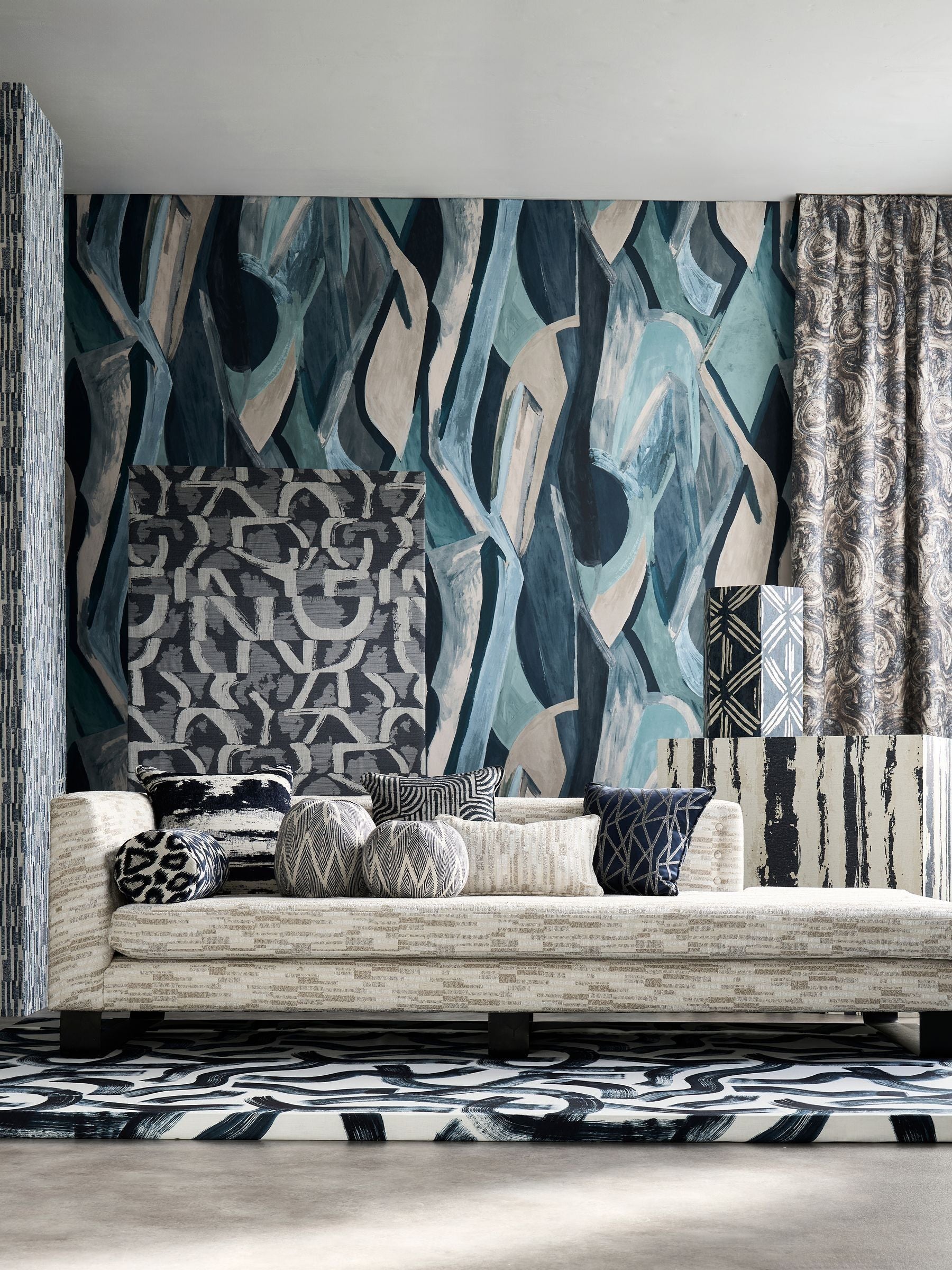 Clarke and Clarke abstract wallpaper with dynamic brush marks, UK version