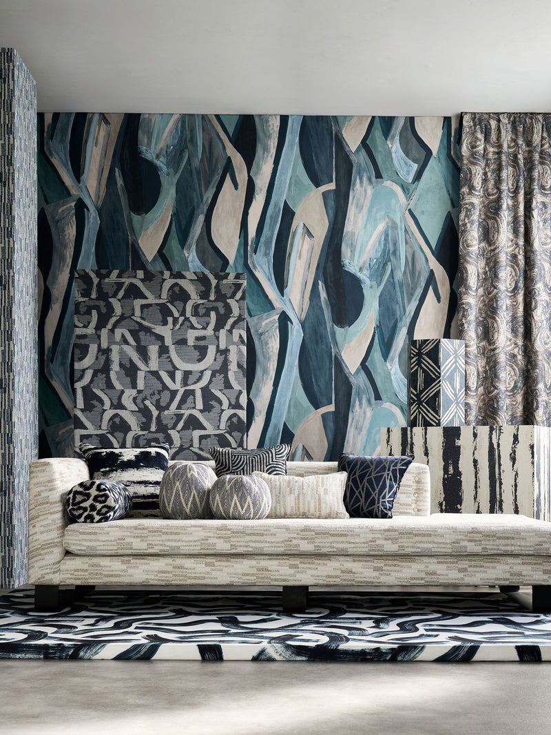 Clarke and Clarke abstract wallpaper with dynamic brush marks, UK version