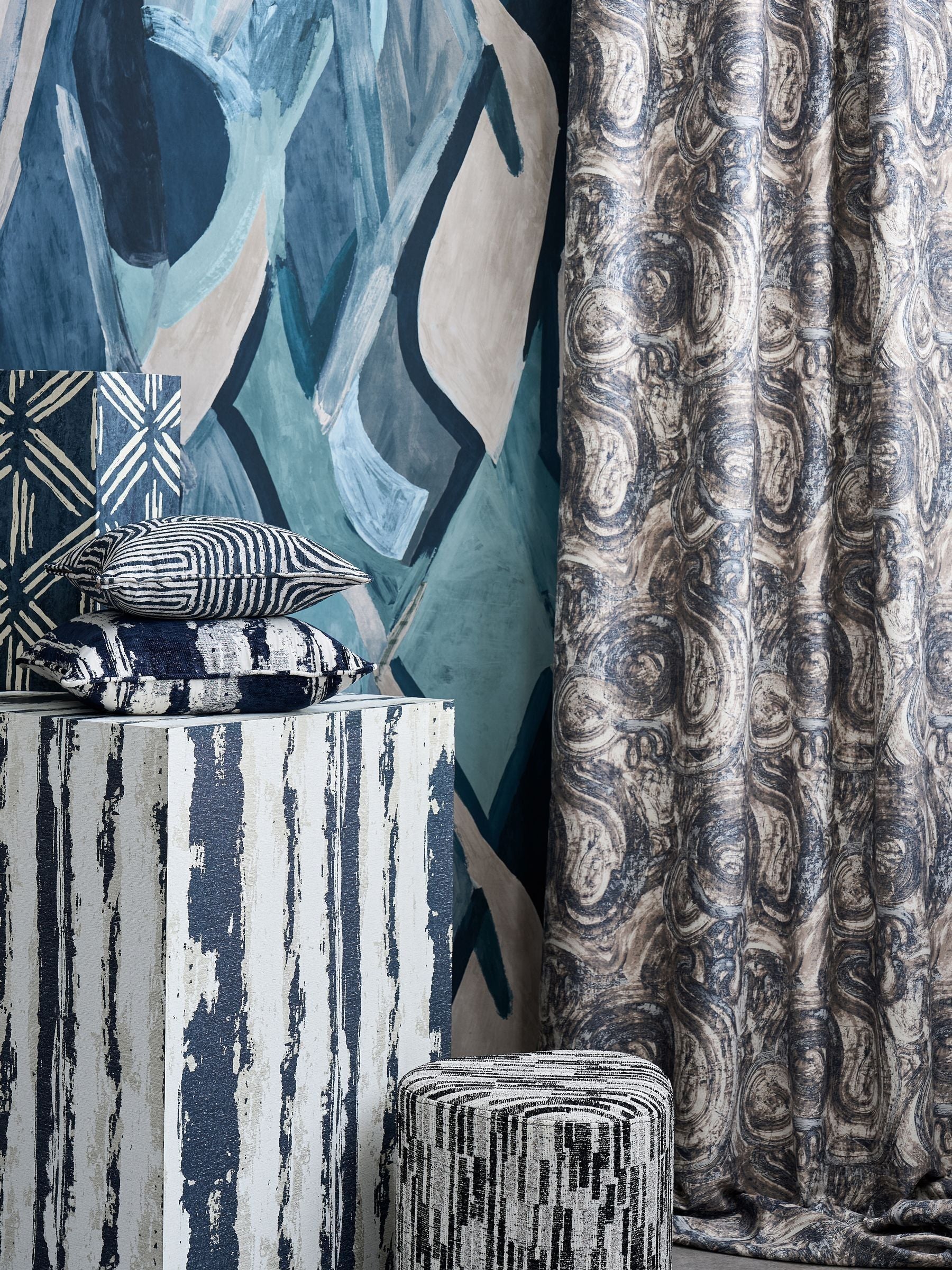 Clarke and Clarke abstract wallpaper with dynamic brush marks, UK version