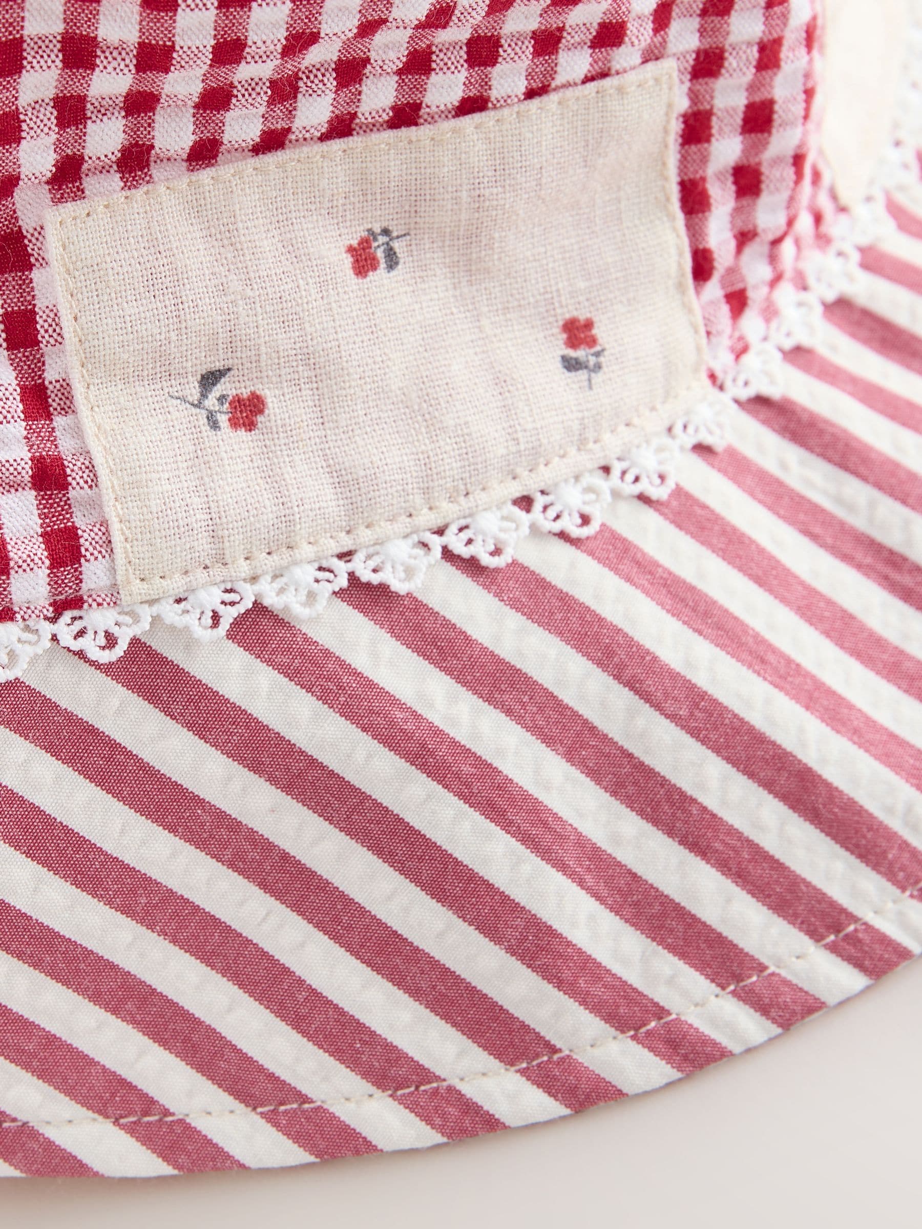 Cream and red patchwork bucket hat, imported from the UK