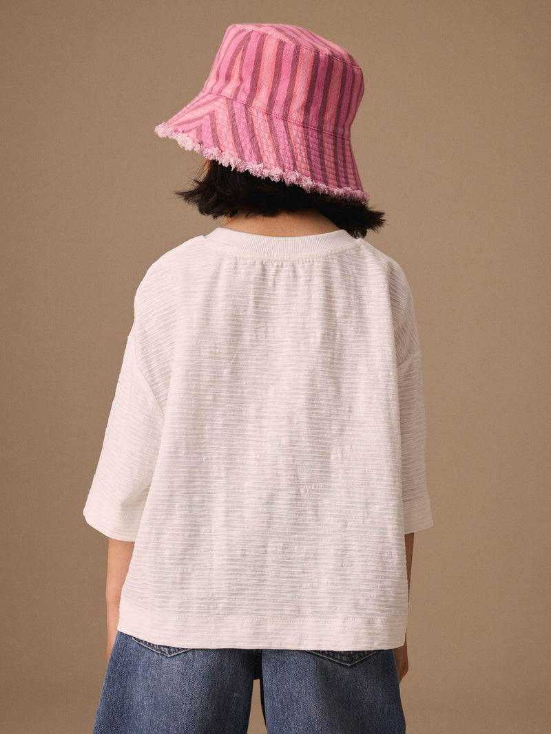 Bucket hat pink striped washed denim, imported from the UK